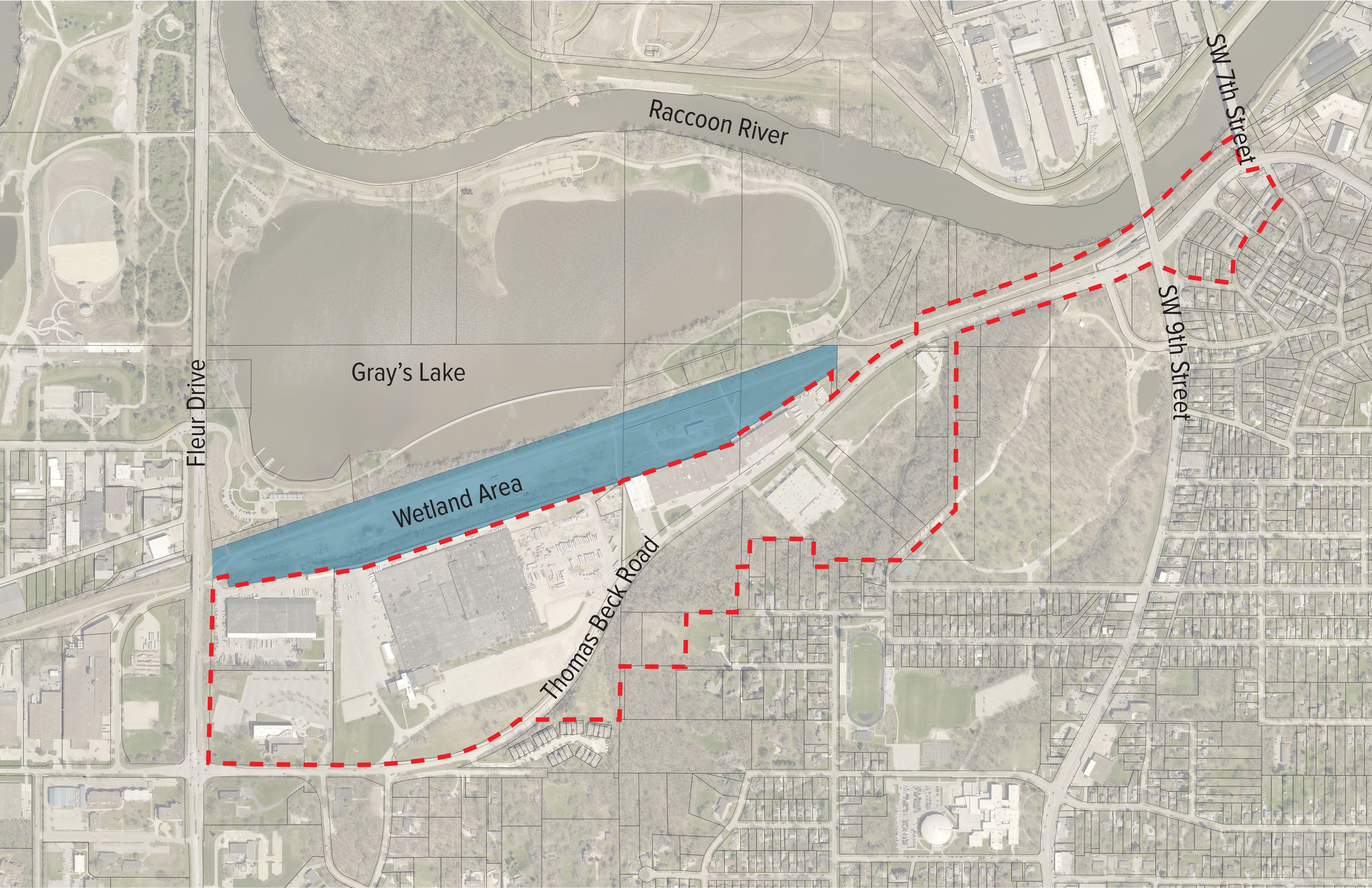 A map of an area targeted for development south of Gray’s Lake in Des Moines.
