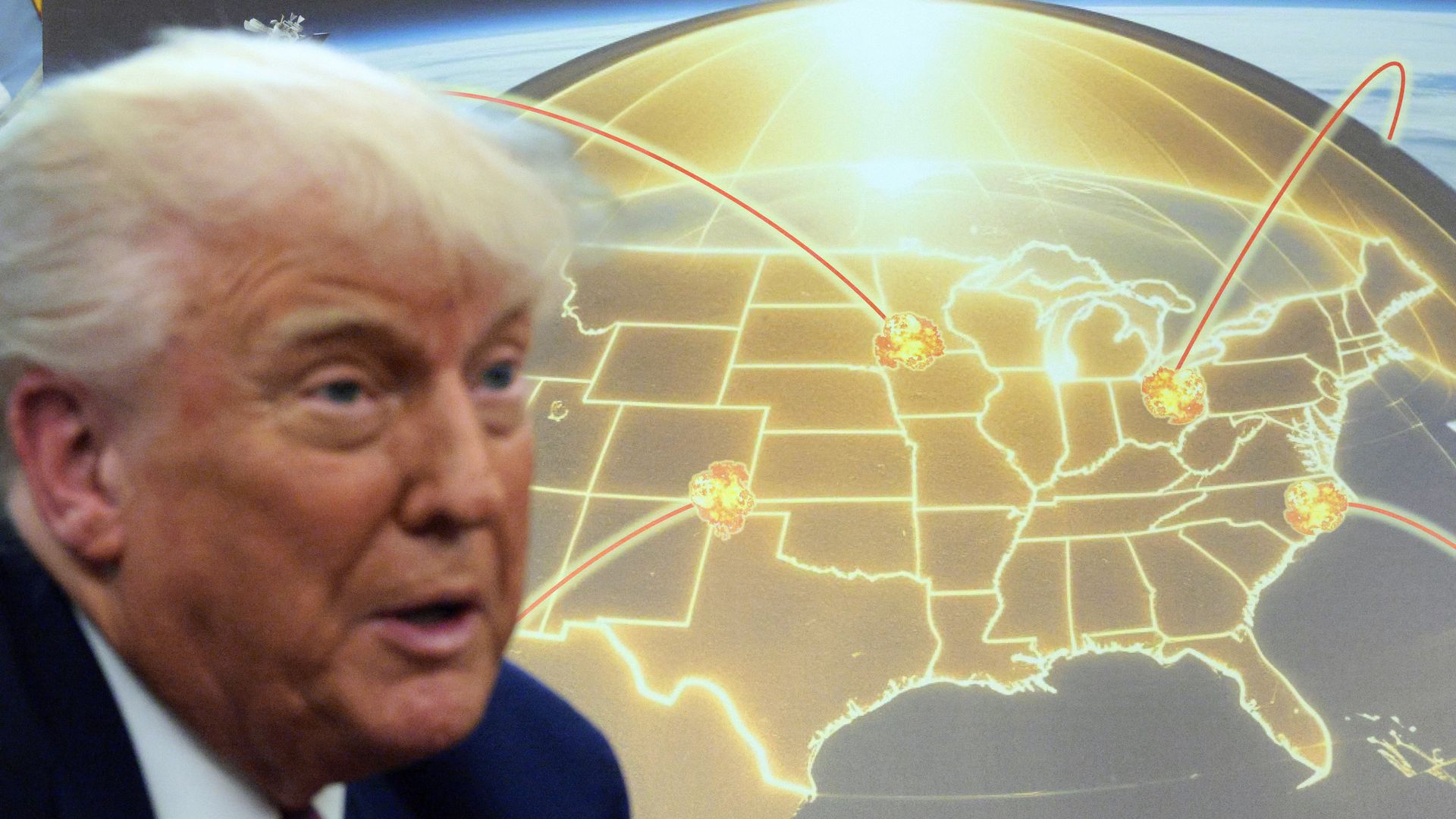Donald Trump sits in the Oval Office. Behind him is a huge poster depicting his Golden Dome missile defenses.