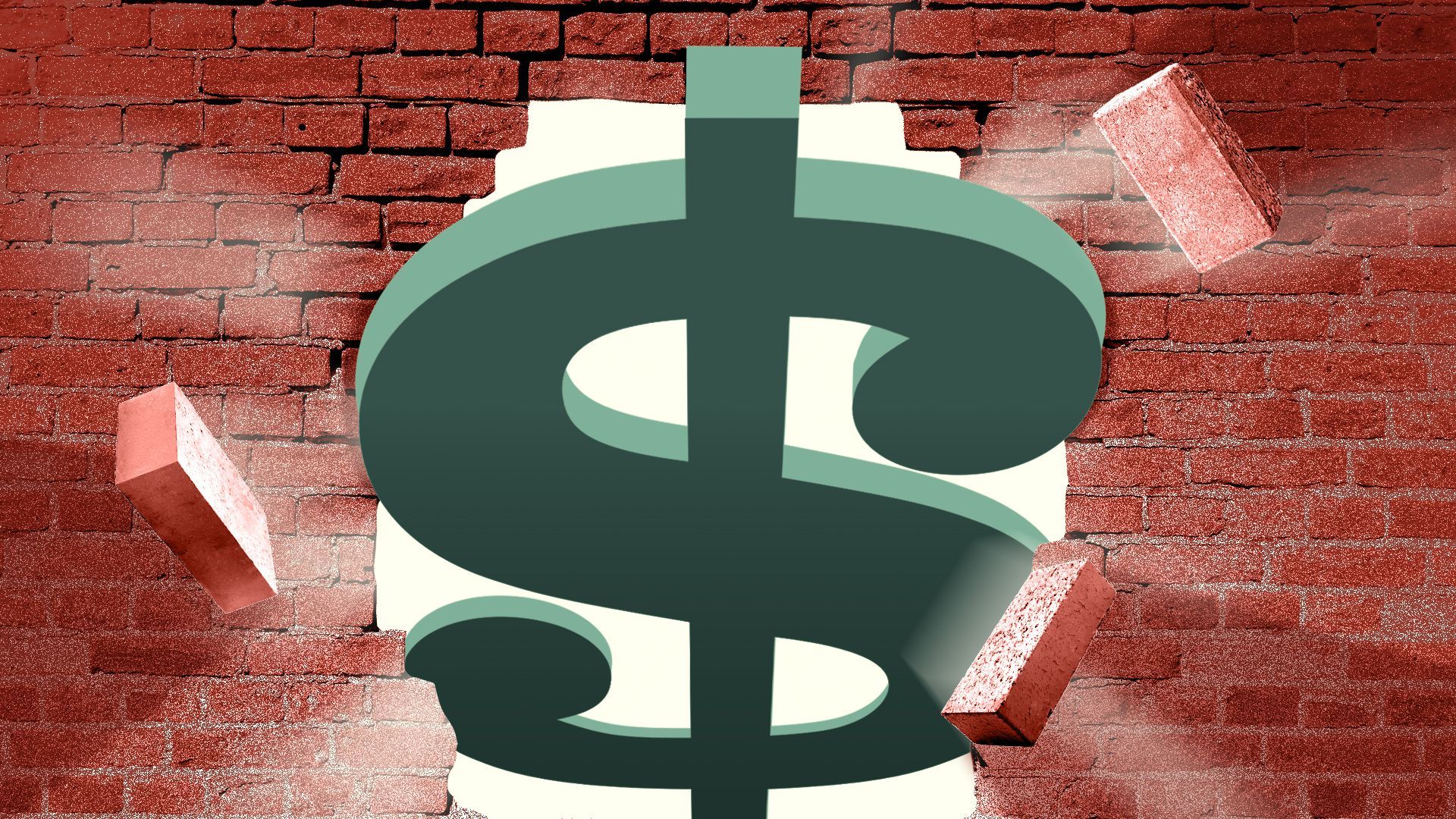 Illustration of a giant dollar sign bursting through a brick wall.