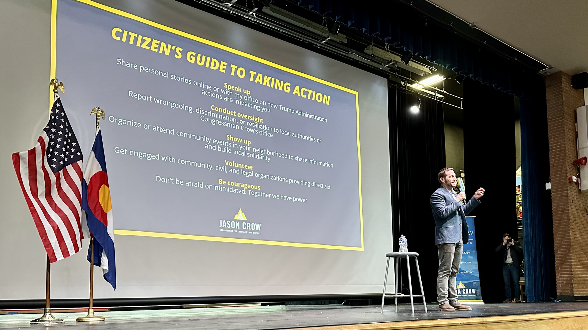 Jason Crow at a town hall at Hinkley High School in Aurora on Feb. 27. Photo: John Frank/Axios