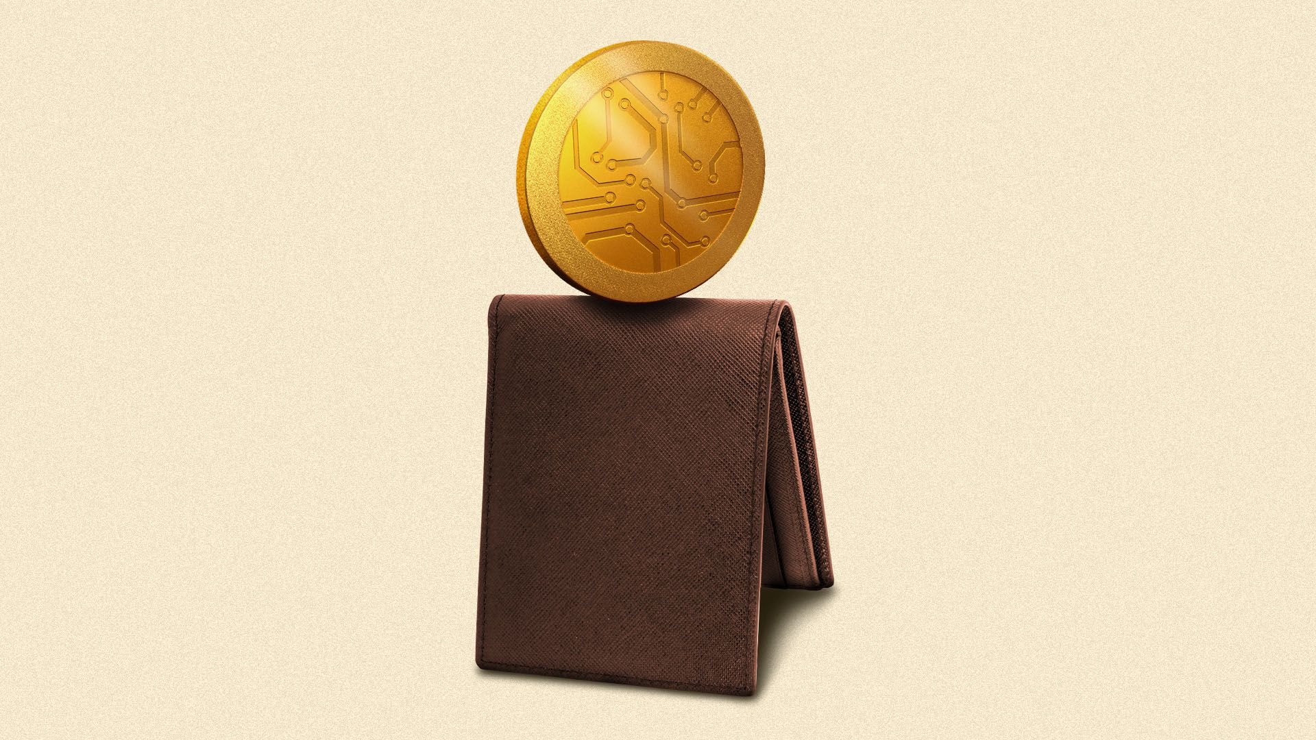 Illustration of a golden coin with a digital overlay balancing on top of a wallet