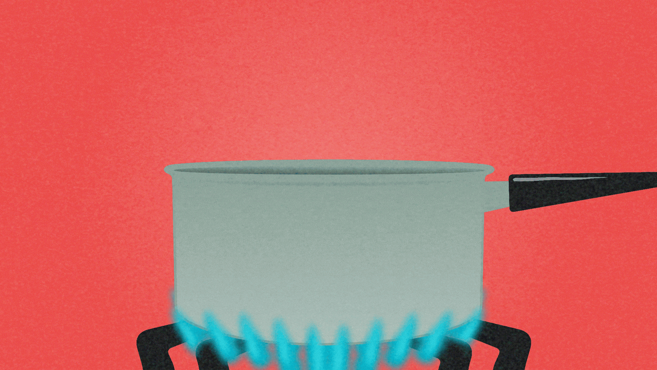 Animated illustration of a pot on a stove burner with smoke in the shape of a dollar sign coming out of it.