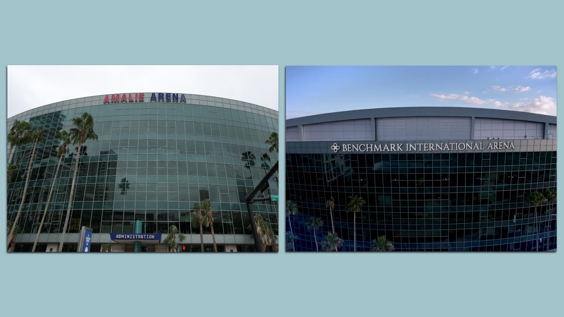 Side-by-side images of two arenas with glass facades: AMALIE ARENA with palm trees in front on the left, and BENCHMARK INTERNATIONAL ARENA with a clear blue sky on the right.