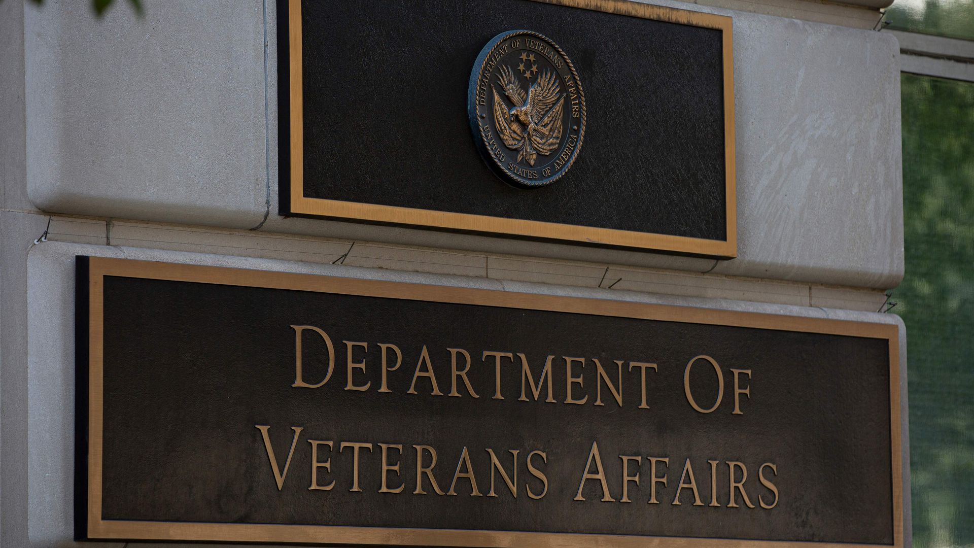 A placard that reads "Department of Veterans Affairs."