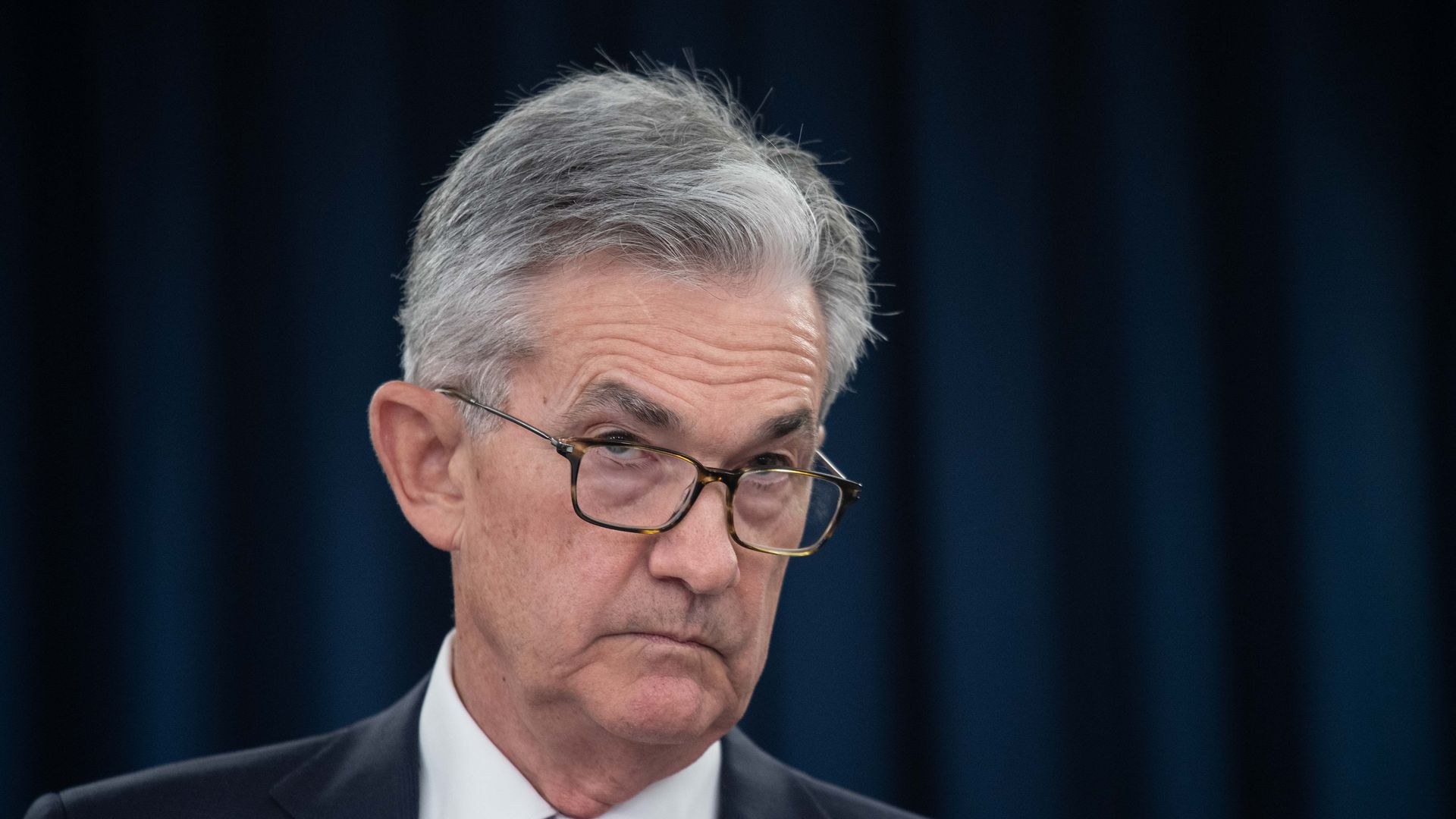 Photo of Federal Reserve Chairman Jerome Powell during meeting. 