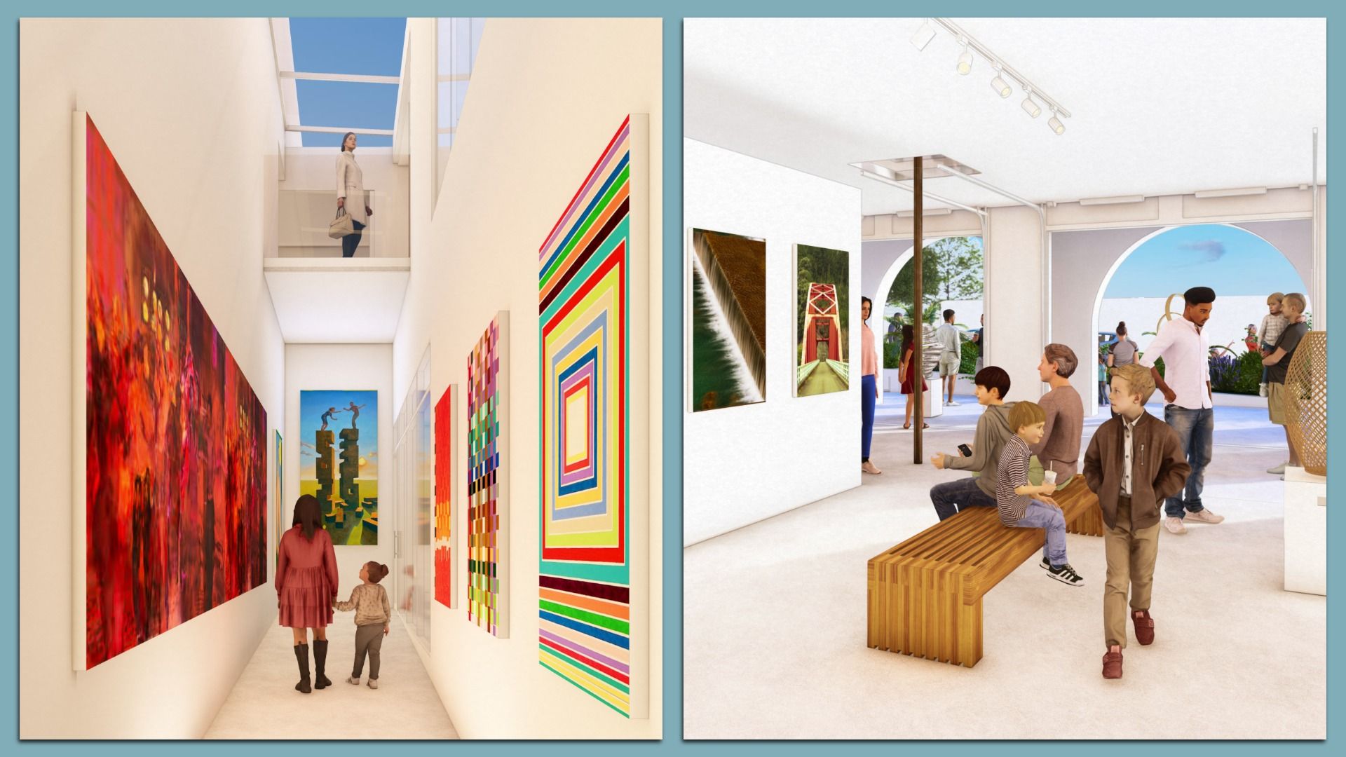 Art gallery scenes with visitors viewing colorful paintings. One shows a woman and child walking past vibrant abstract art. Another shows people of various ages near wooden benches and photo art.
