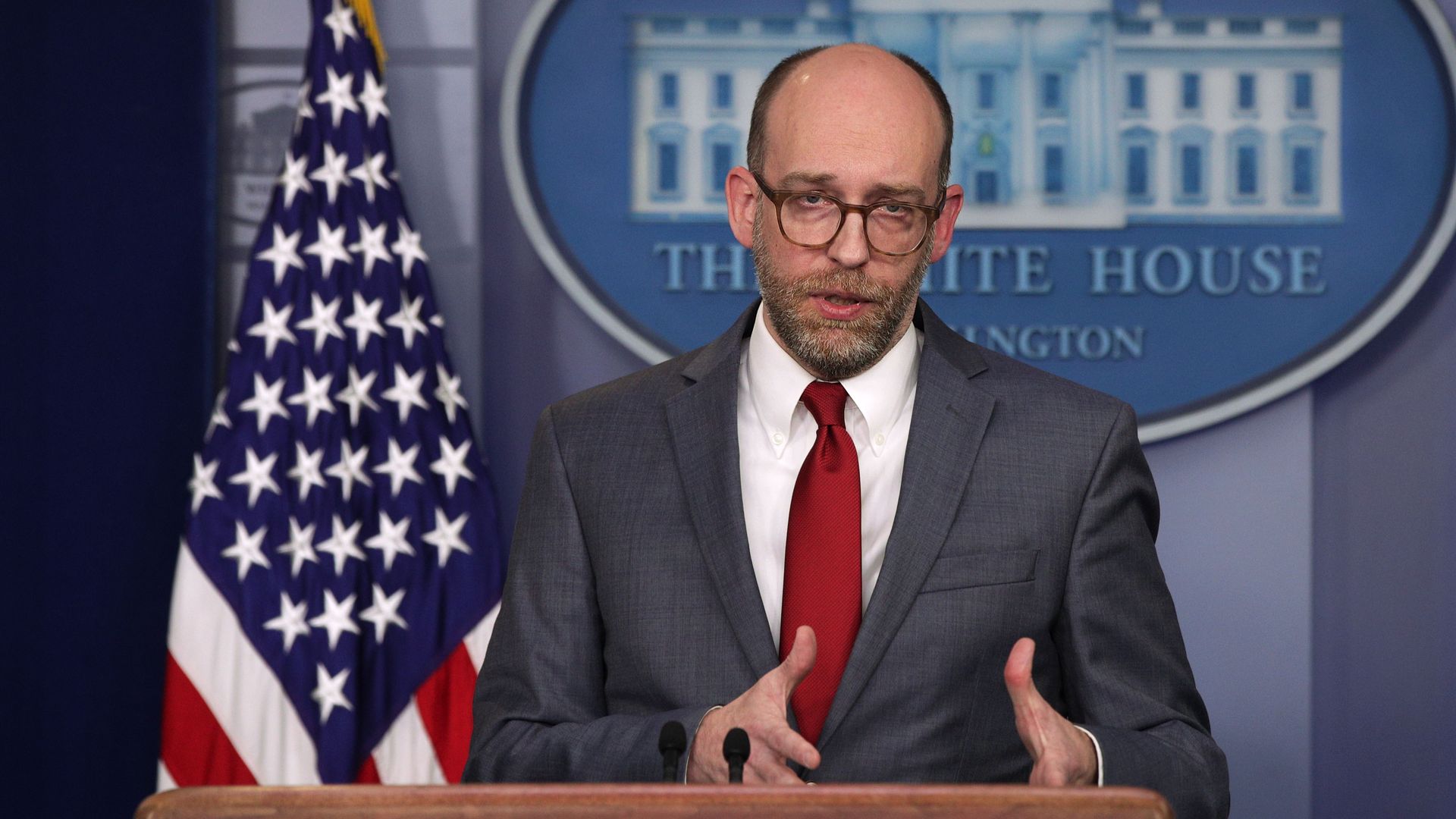 Acting Director of Office of Management and Budget Russell Vought speaks during a news briefing at the White House