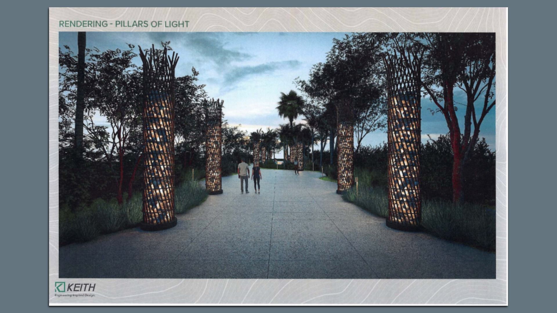 Two people walk along a paved park path flanked by tall, glowing lattice pillars; palm and other trees frame the scene beneath a blue dusk sky, labeled "RENDERING - PILLARS OF LIGHT".