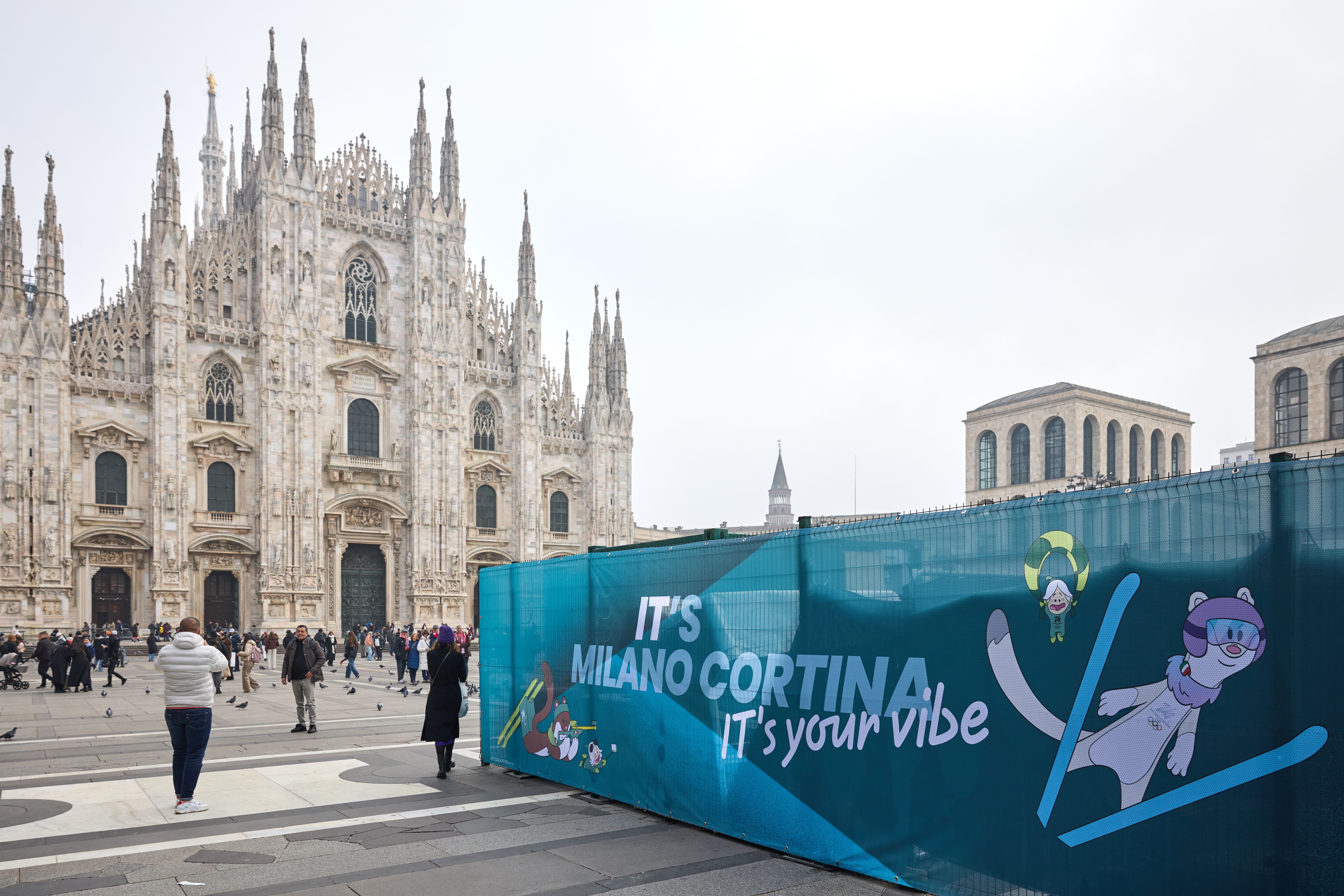 A general view of Piazza Duomo as the TV broadcaster building is completed in MIlan, Italy.