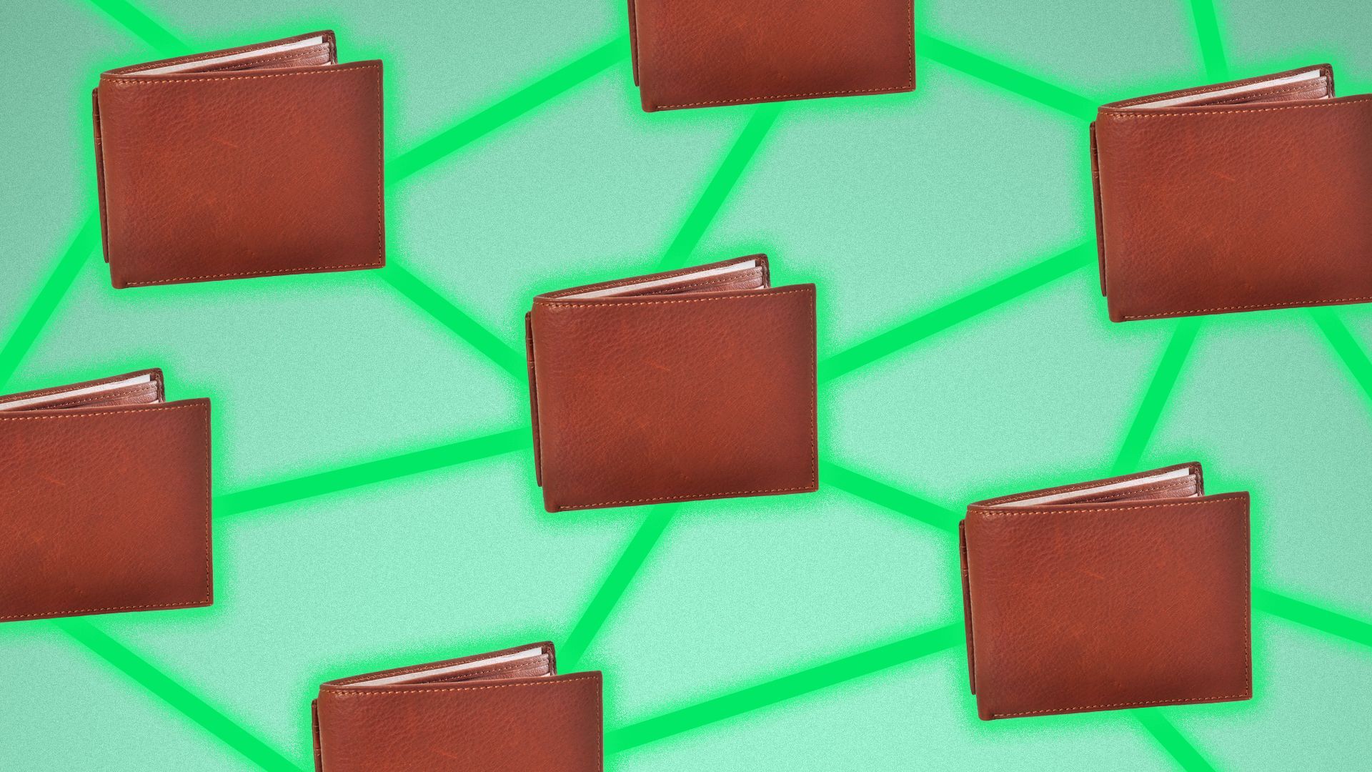 Illustration of wallets connected by glowing chains.