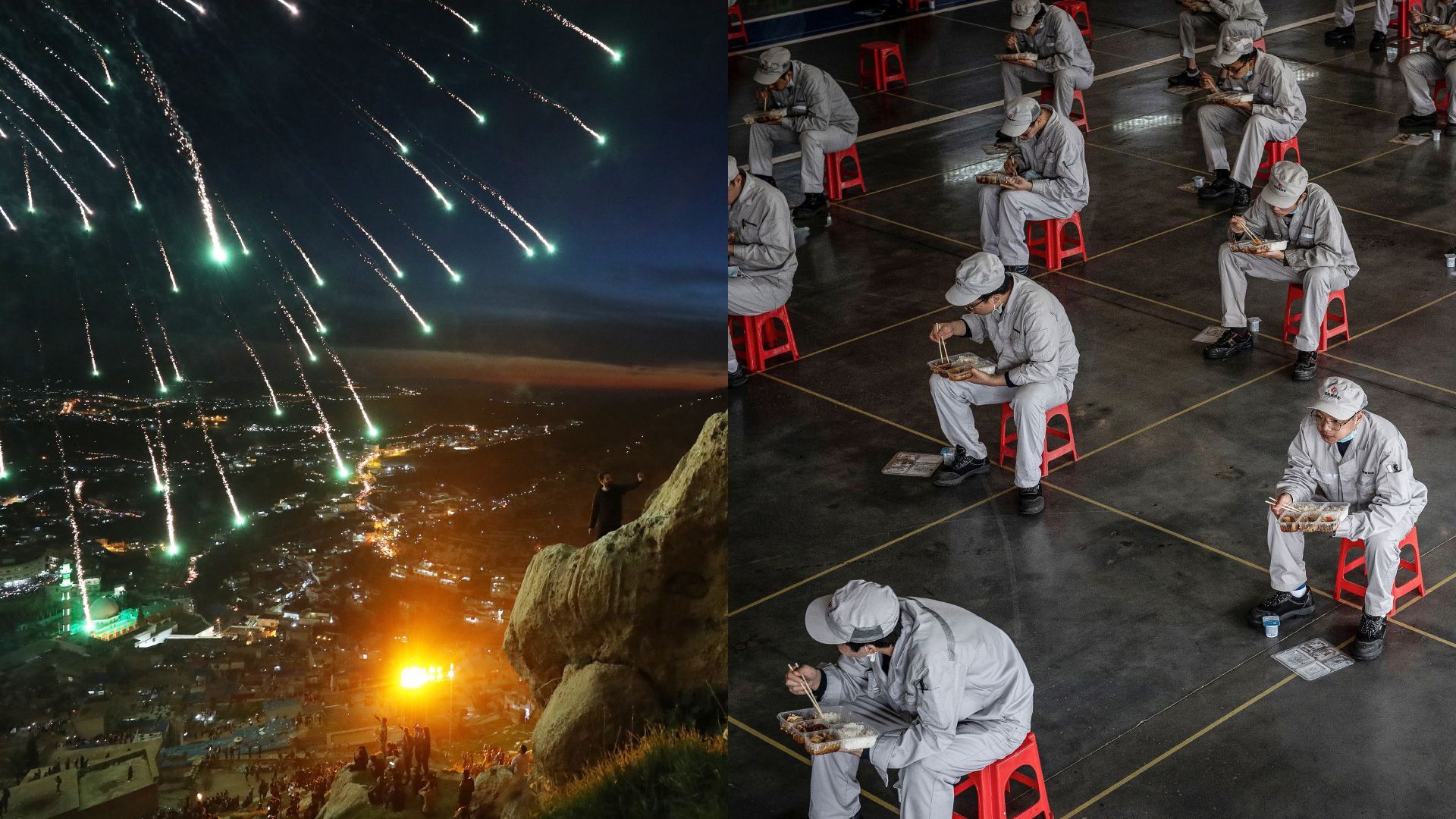 Collage of 2019's Kurdish celebration fireworks to 2020's Wuhan workers eating social distanced