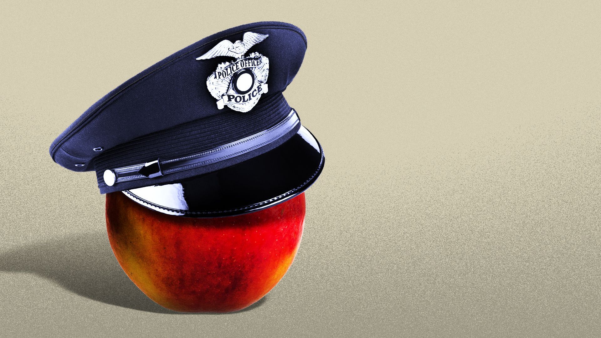 Illustration of an apple wearing a police cap. 