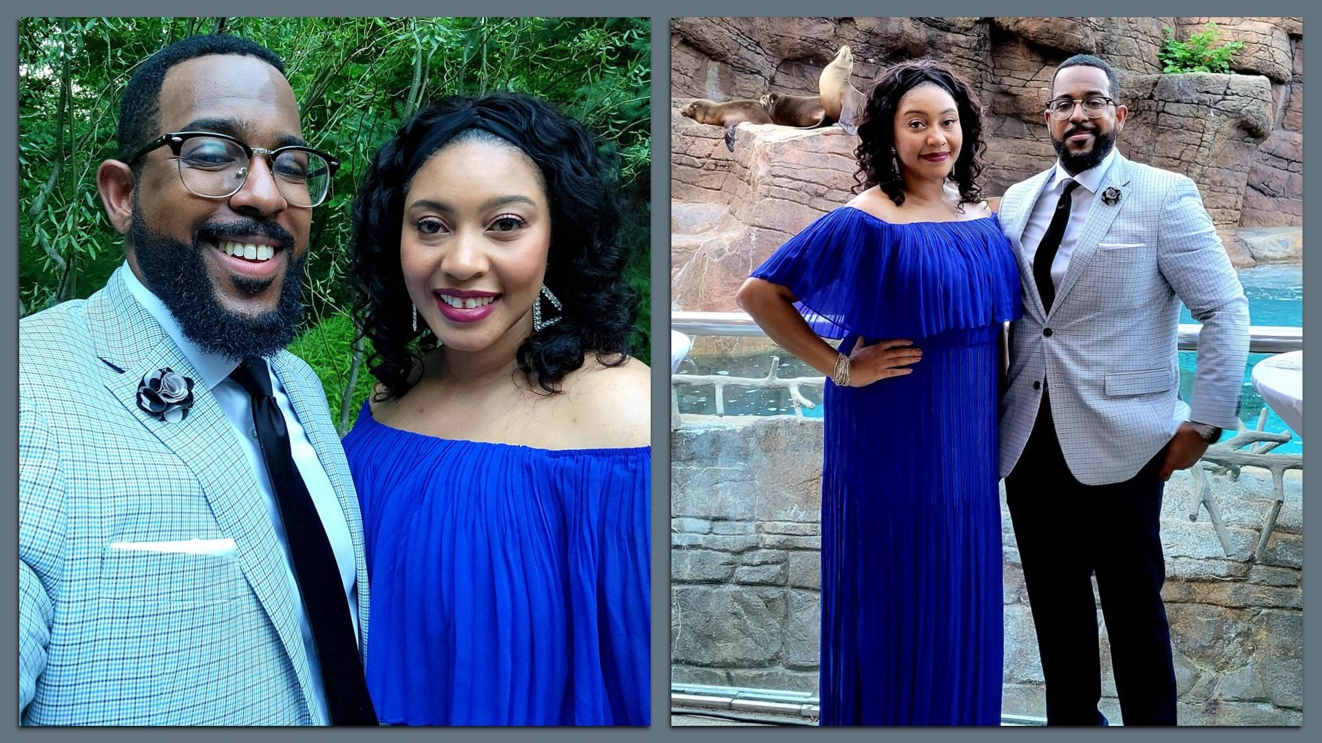 Two-panel photo of a couple. Left: man in a light-gray checkered suit with a black tie; woman in a royal-blue off-shoulder gown among greenery. Right: couple beside a rocky wall and water.