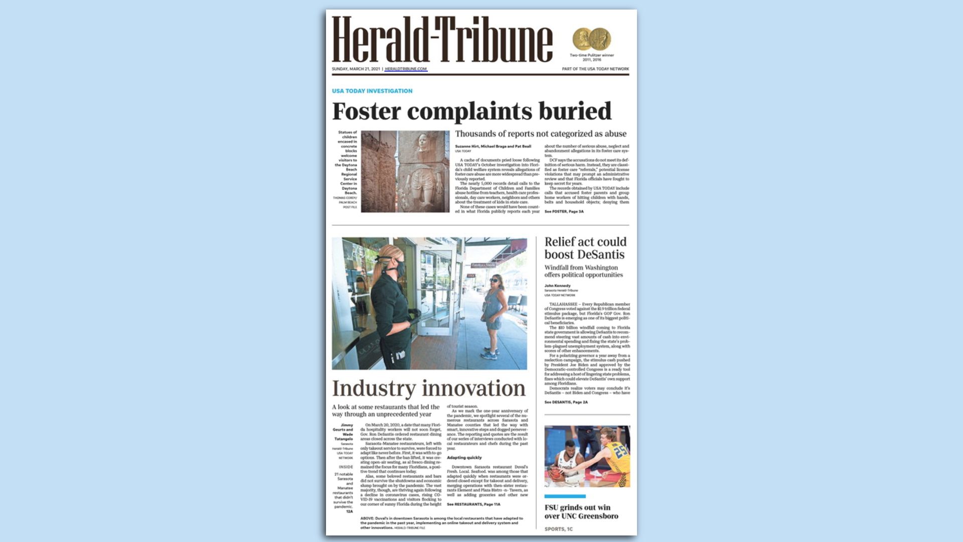 Front page of the Sarasota Herald Tribune featuring "Foster complaints buried" story