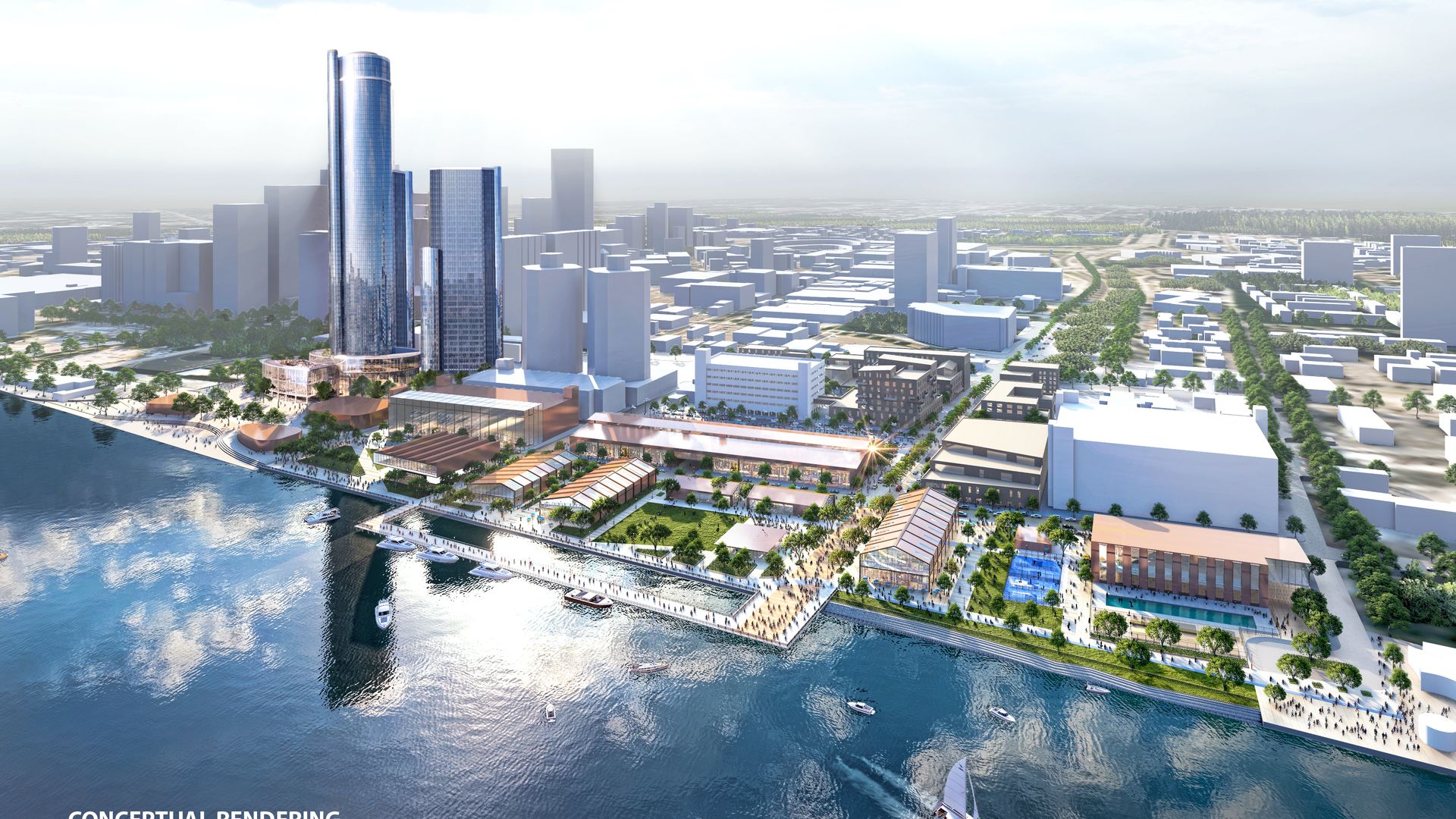 The rendering shows the riverfront with new buildings, and the RenCen with two towers gone.