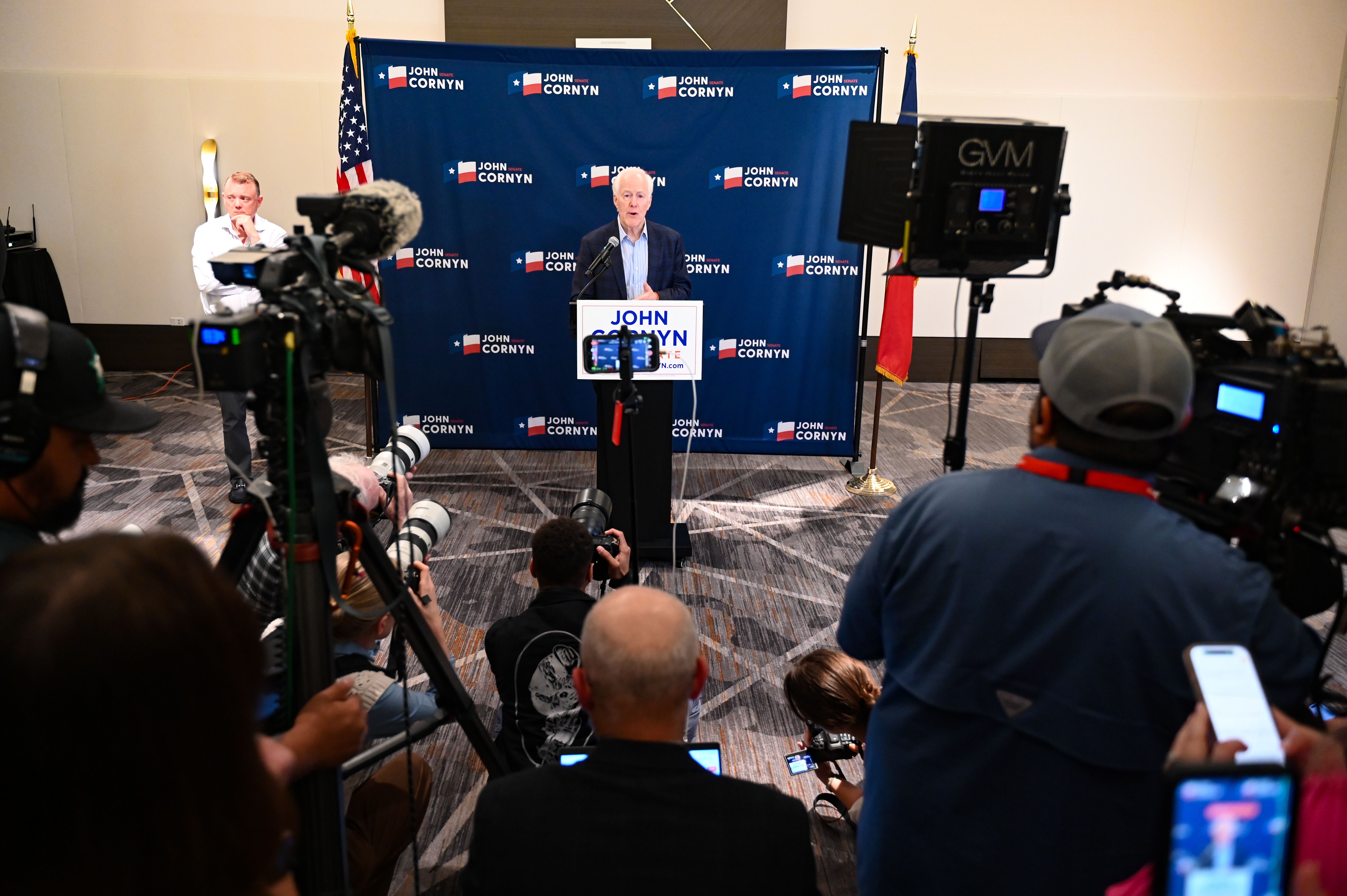Sen. John Cornyn, R-Texas, speaks to the media Tuesday, March 3, 2026, in Austin, Texas. (AP Photo/Jack Myer)