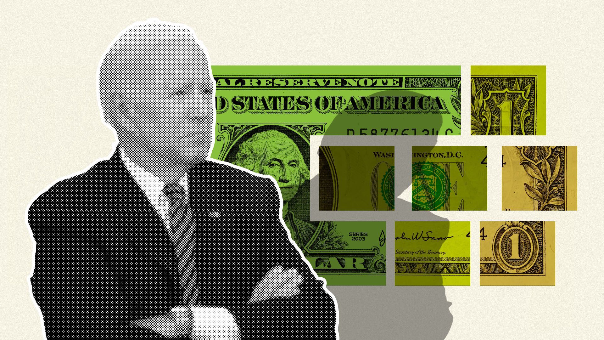 Photo illustration of President Bide with a broken up dollar in the background