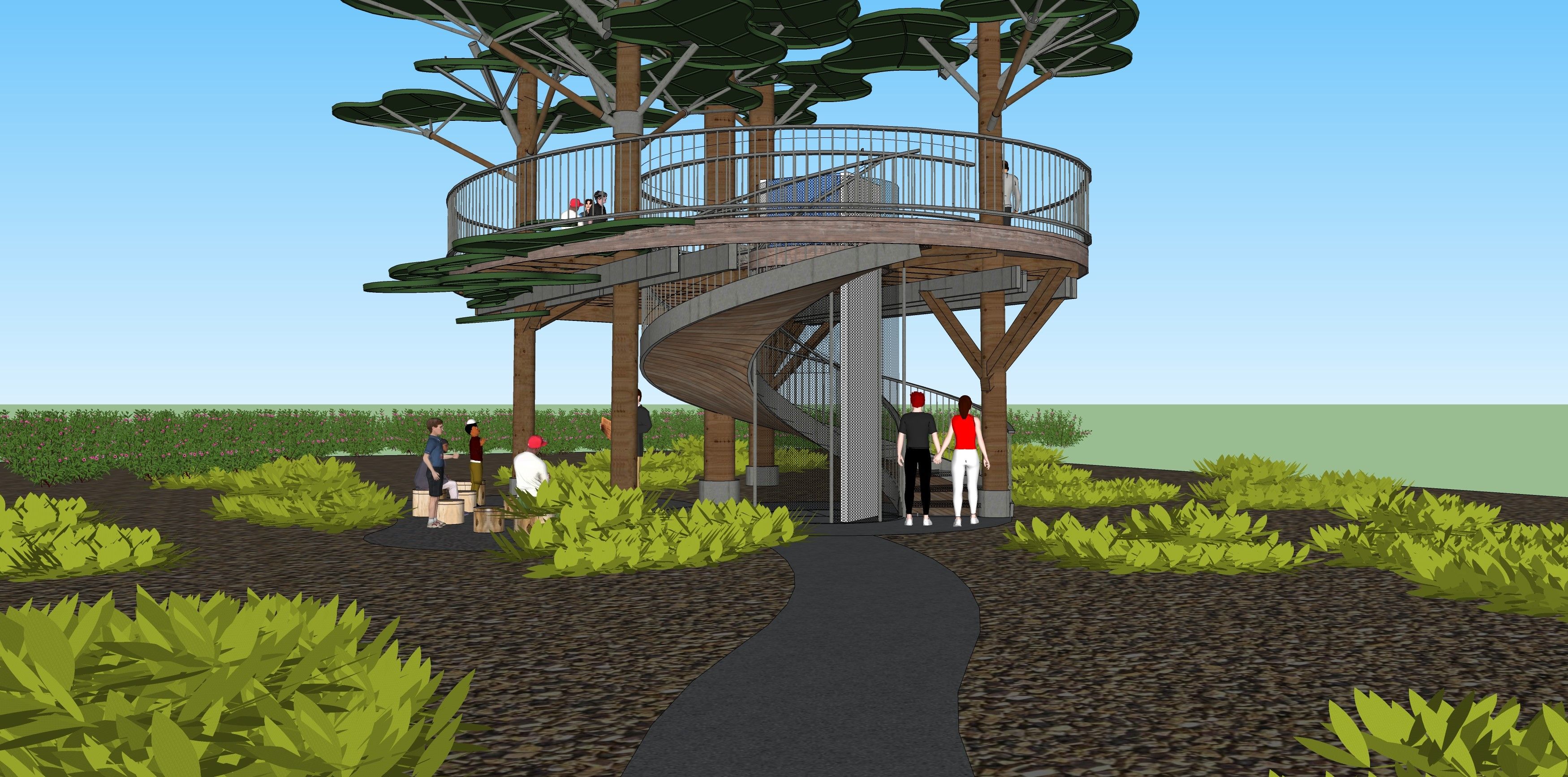 Rendering shows an elevated pavilion supported by tree sculptures