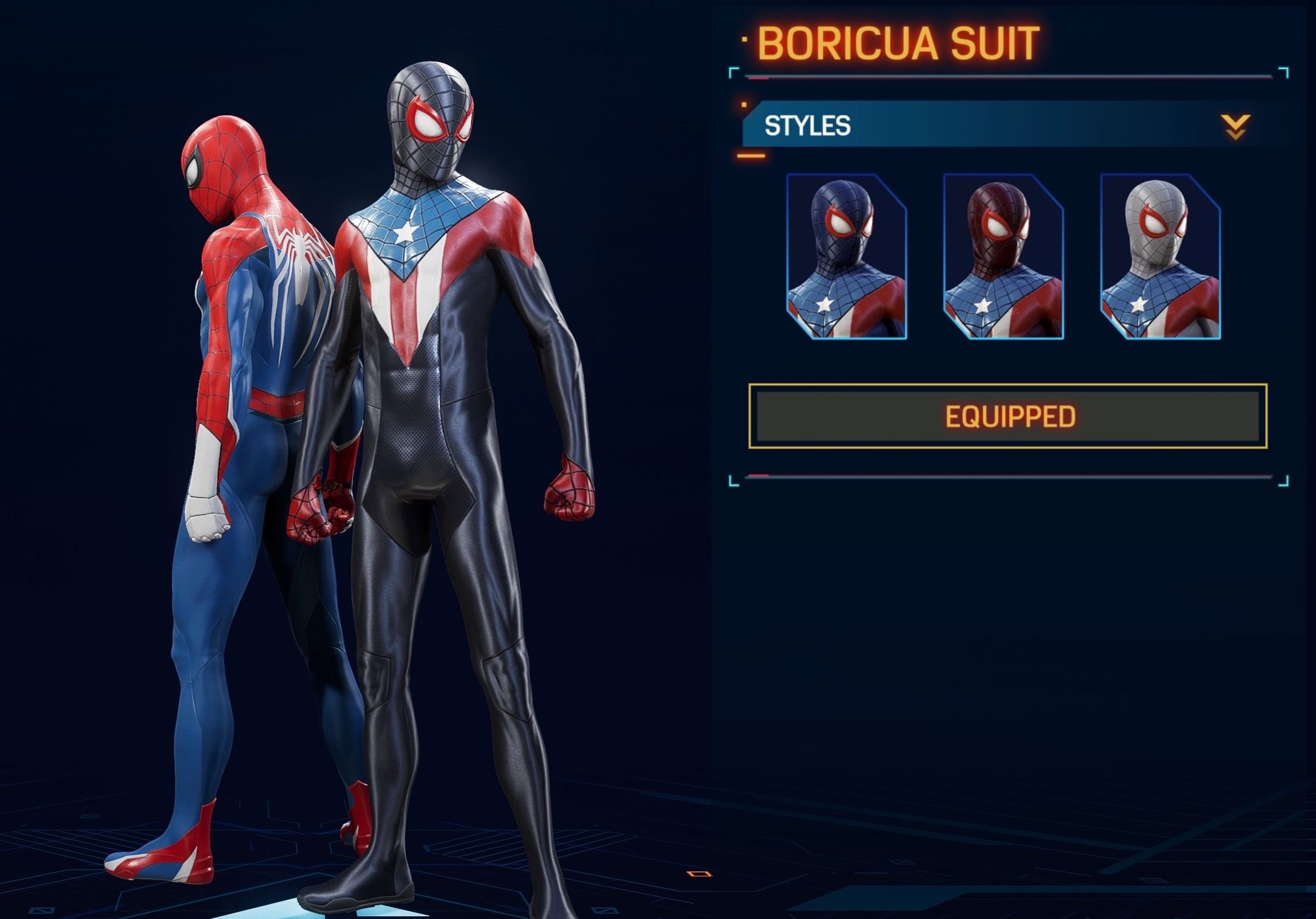 Screenshot showing a Spider-Man "boricua" costume that incorporates the design of the Puerto Rican flag