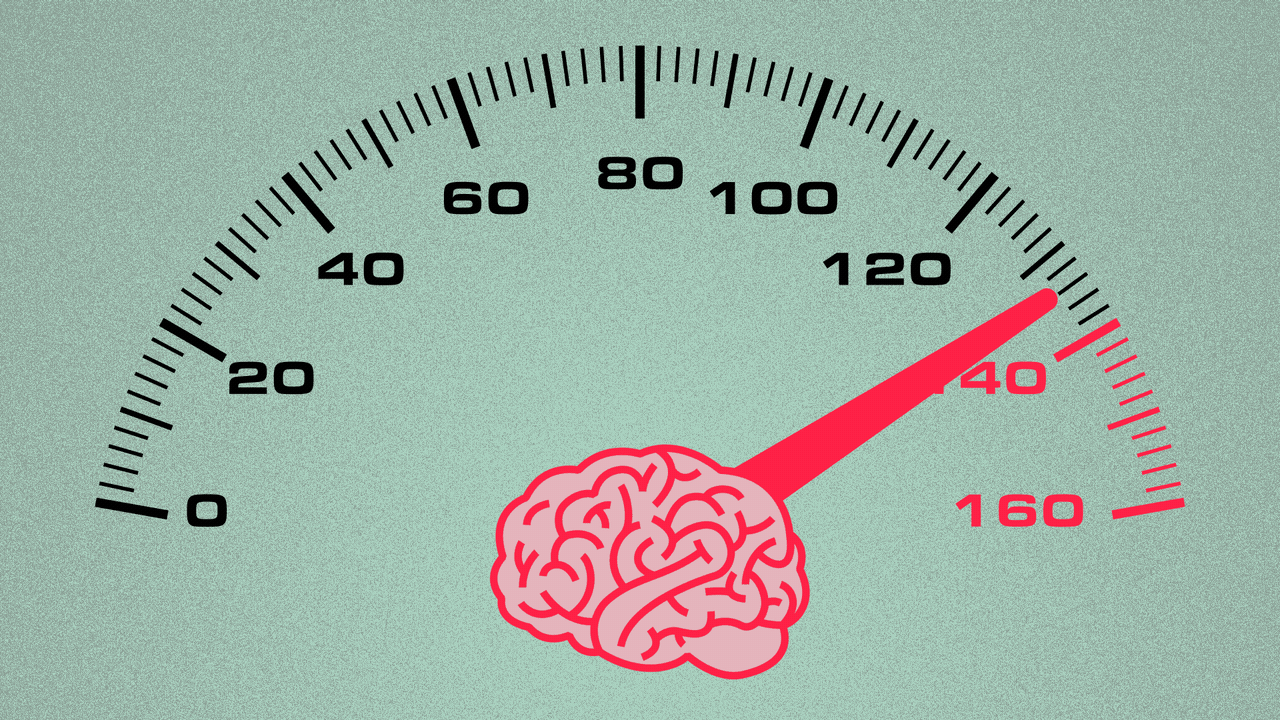 Illustration of a car odometer fluctuating between 120 and 160 mph, with a brain icon at the center.
