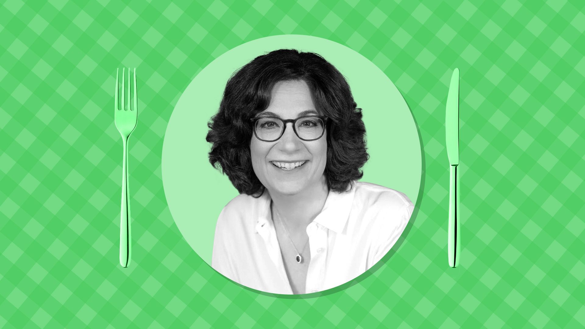 a photo illustration of Trusted Media Brands CEO Bonnie Kintzer in front of a picnic table print background