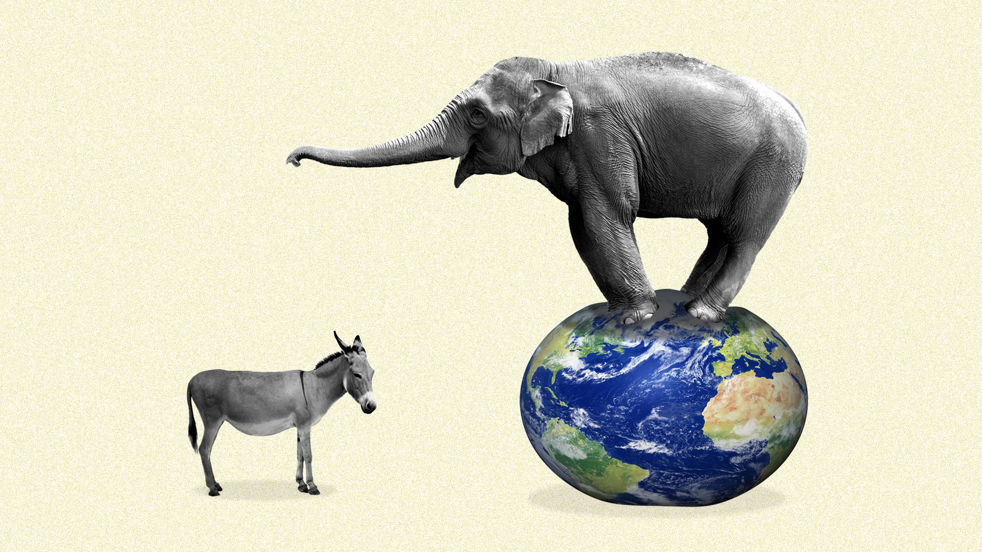 An illustration of an elephant standing on the world and a small donkey next to it