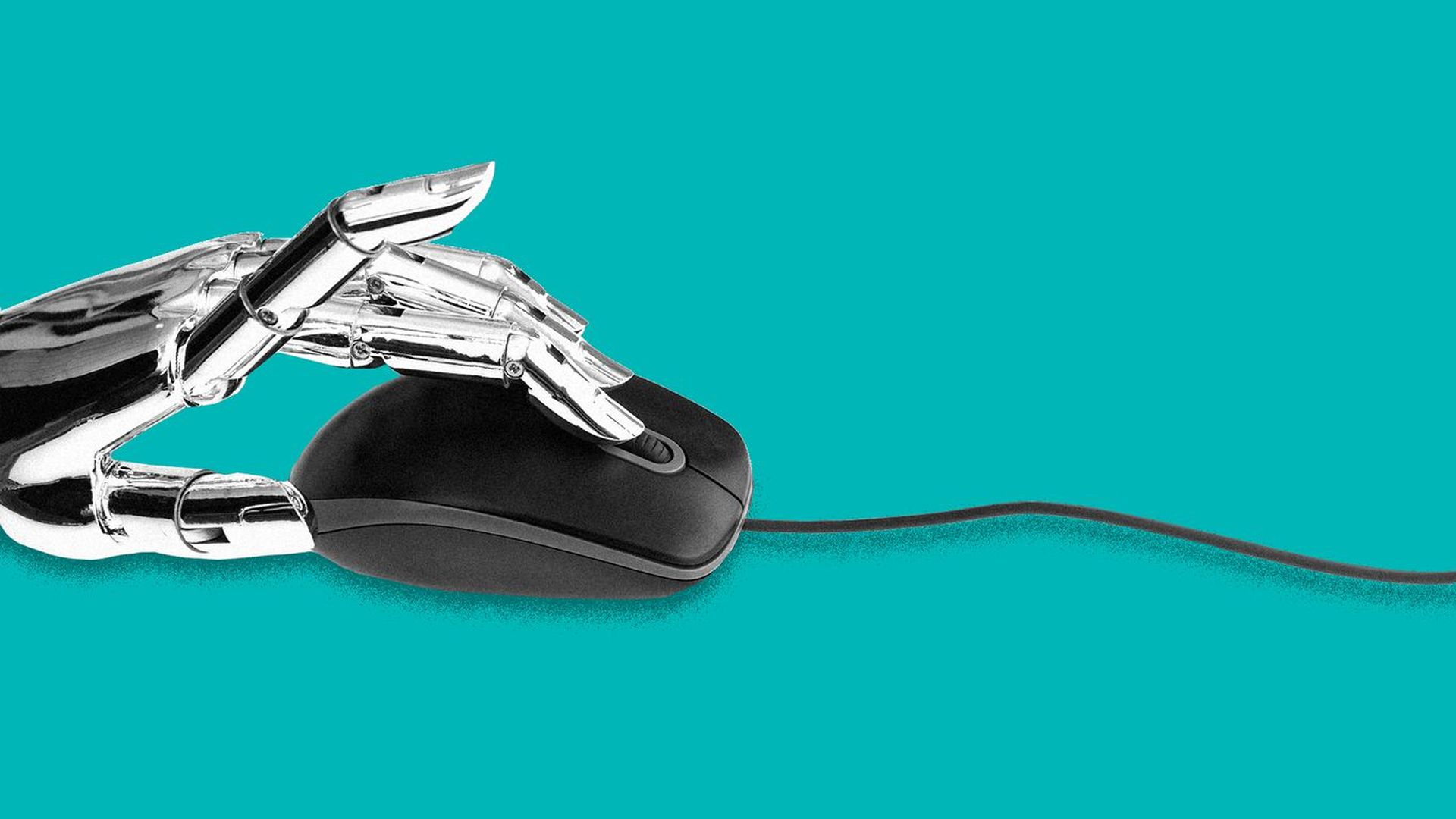 Illustration of a robot hand using a computer mouse.