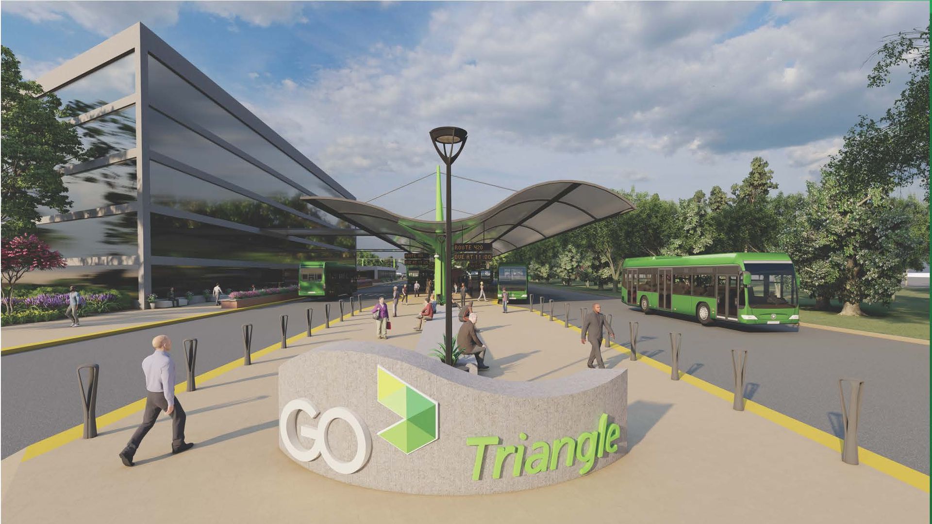 A rendering of a future transit hub in Research Triangle Park