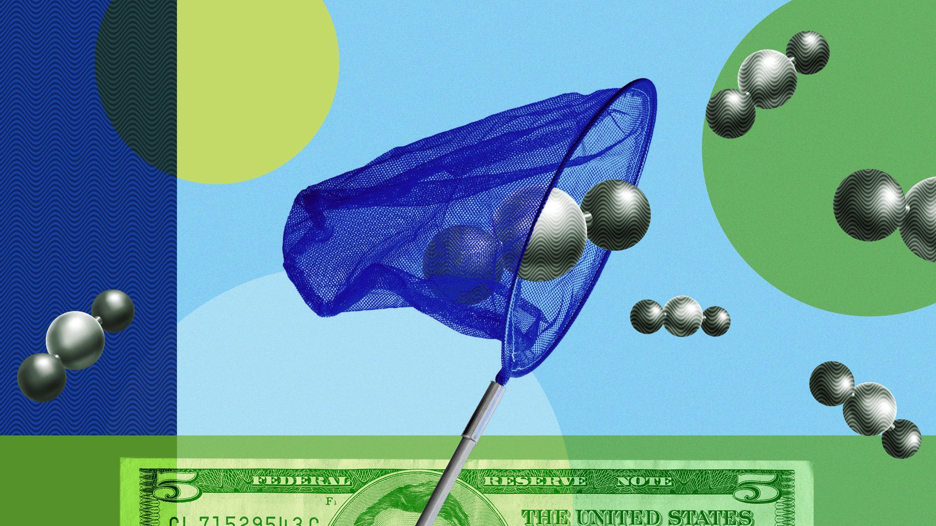Illustration of a net catching carbon dioxide molecules with shapes and money.