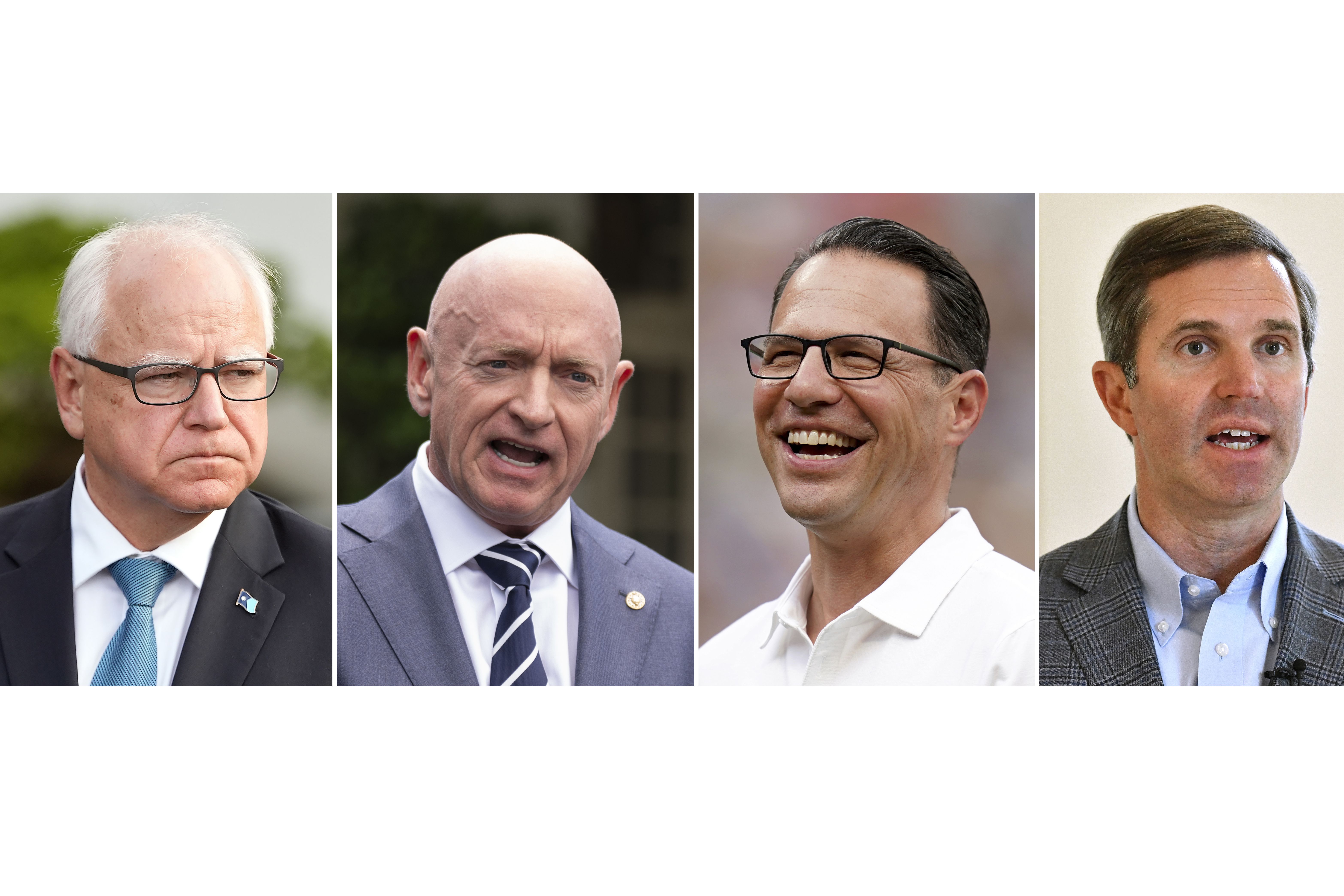 This composite left to right, shows Minnesota Gov. Tim Walz, center, July 3, 2024, in Washington, Sen. Mark Kelly, D-Ariz., June 4, 2024, in Washington, Pennsylvania Gov. Josh Shapiro, July 20, 2024, in Pittsburgh, and Kentucky Gov. Andy Beshear