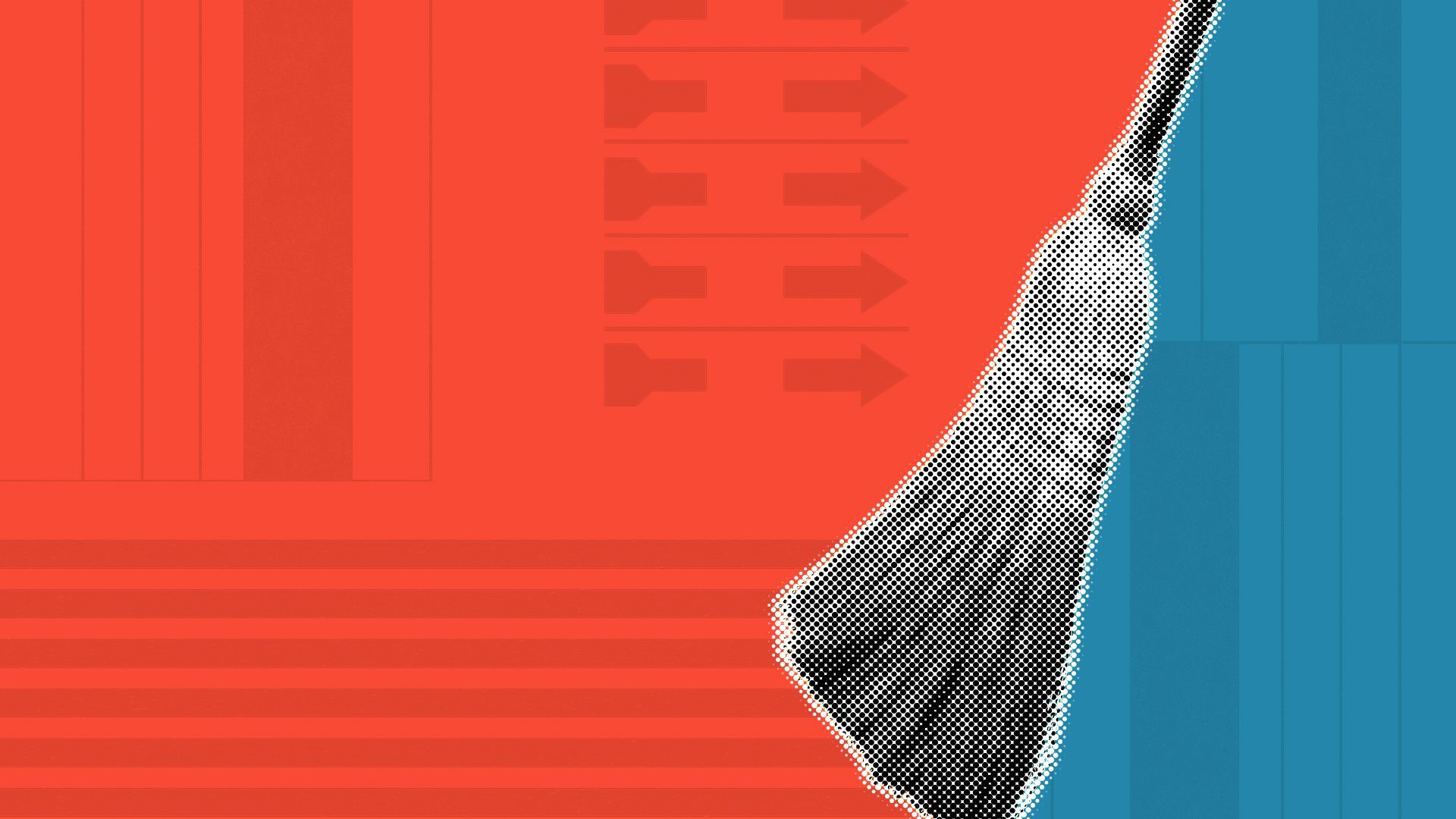 Illustration of a broom dividing a red and blue background with elements of ballots on it.