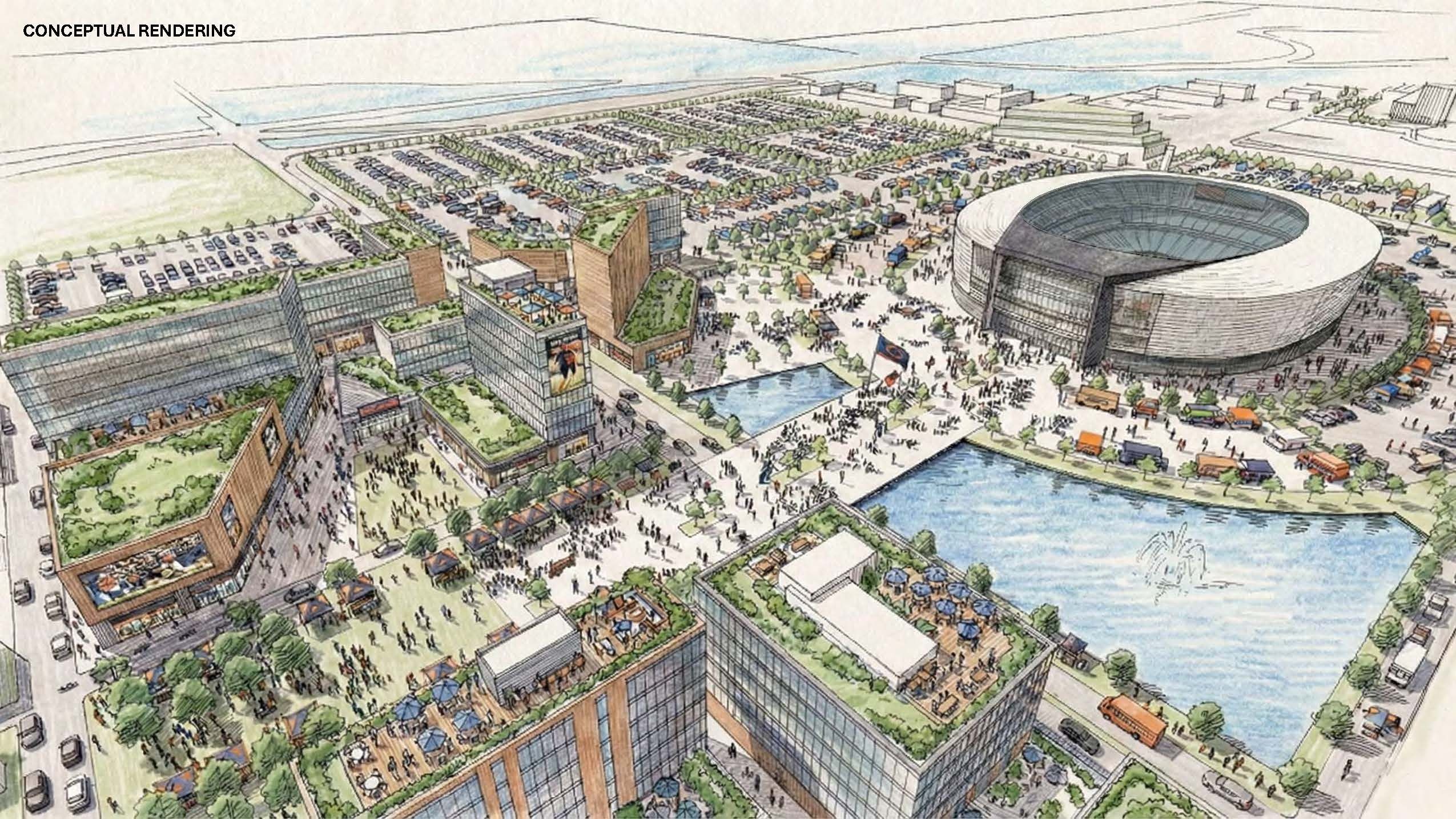 Conceptual rendering of a large stadium next to a body of water with a fountain, surrounded by buildings with green roofs, parking lots and crowded pedestrian plazas with trees and walkways.