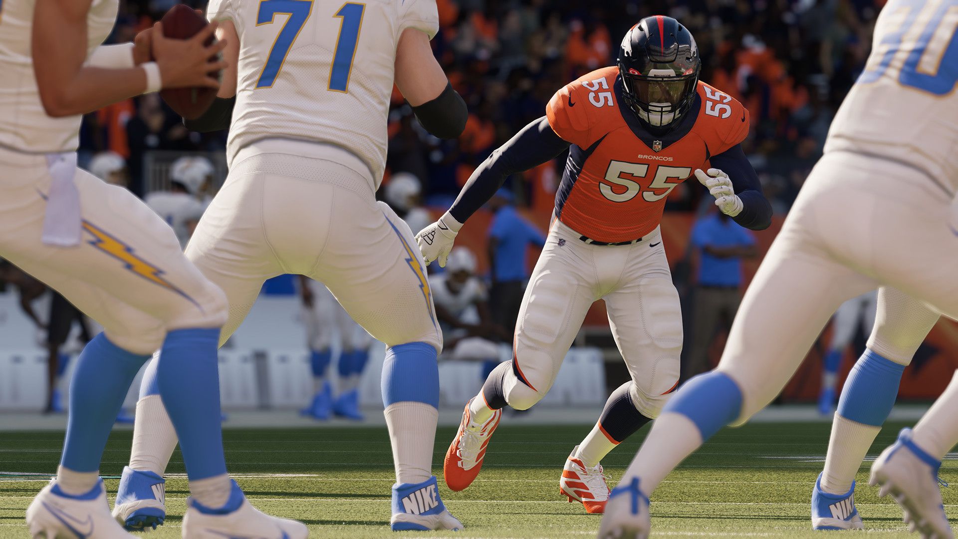Screenshot of Madden NFL 22 featuring a close-up view of players on the field. 