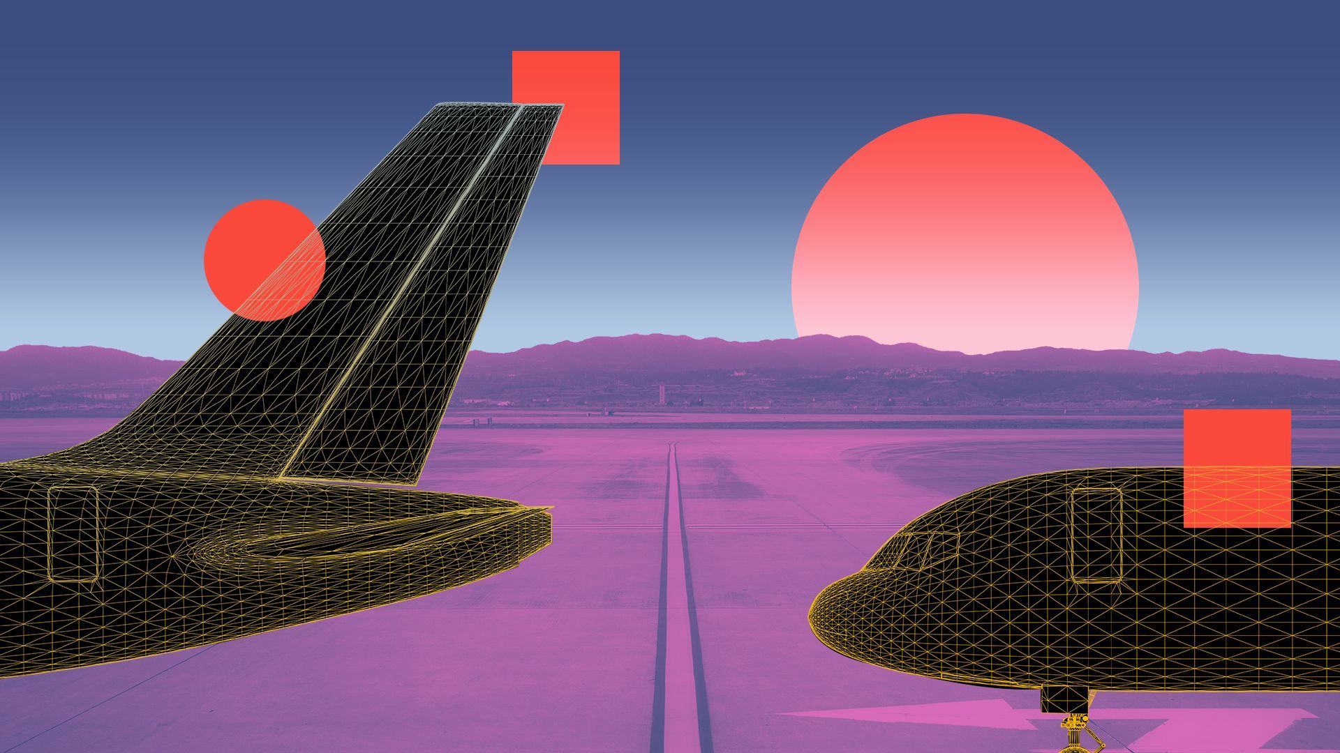 Illustration of a collage featuring two airplaines on an airport tarmac and squares and circles.