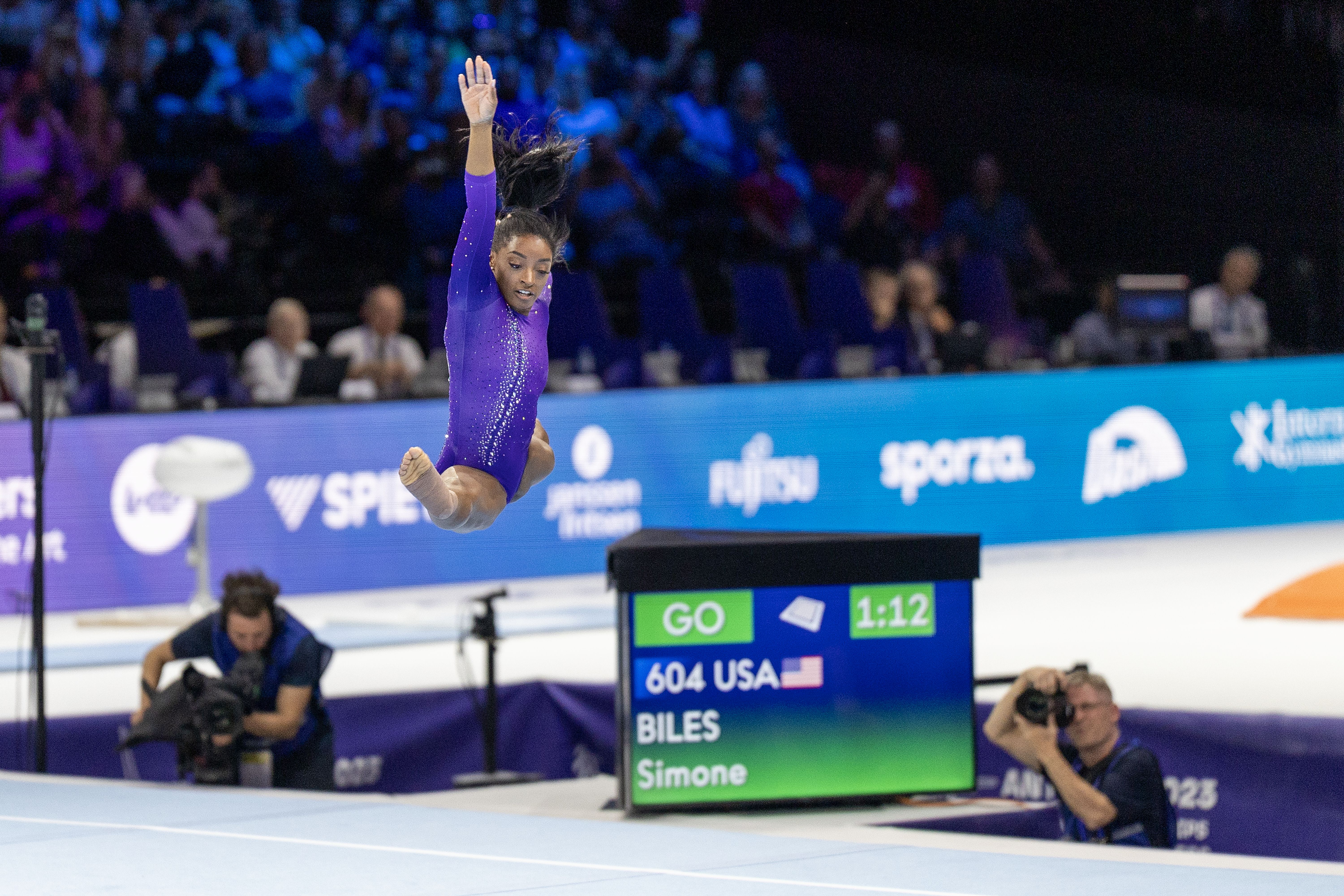 Simone Biles of the United States performs her floor routine during her gold medal win in the Women's Floor Final at the Artistic Gymnastics World Championships-Antwerp 2023 at the Antwerp Sportpaleis on October 8th, 2023 in Antwerp, Belgium. 