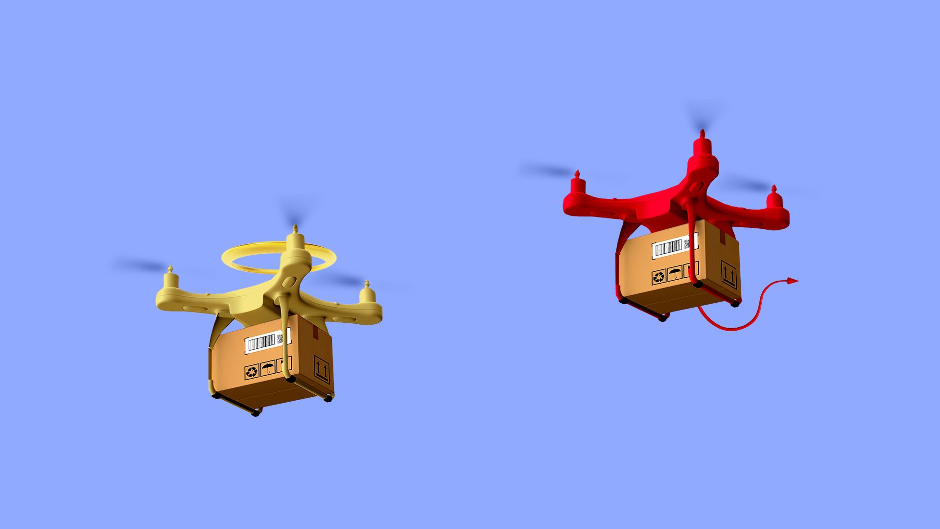 Illustration of angel and devil delivery drones 