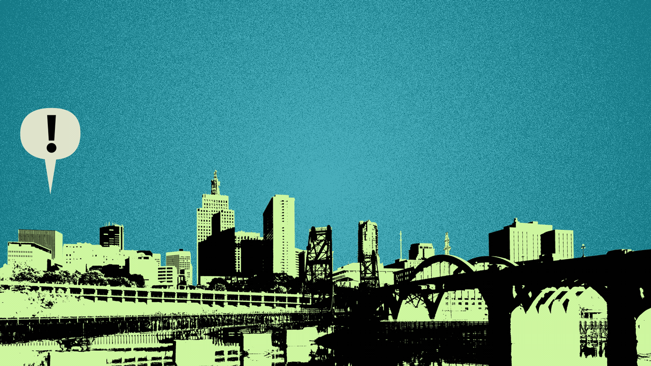 Illustration of the St. Paul skyline with word balloons with exclamation points in them popping up from left to right.