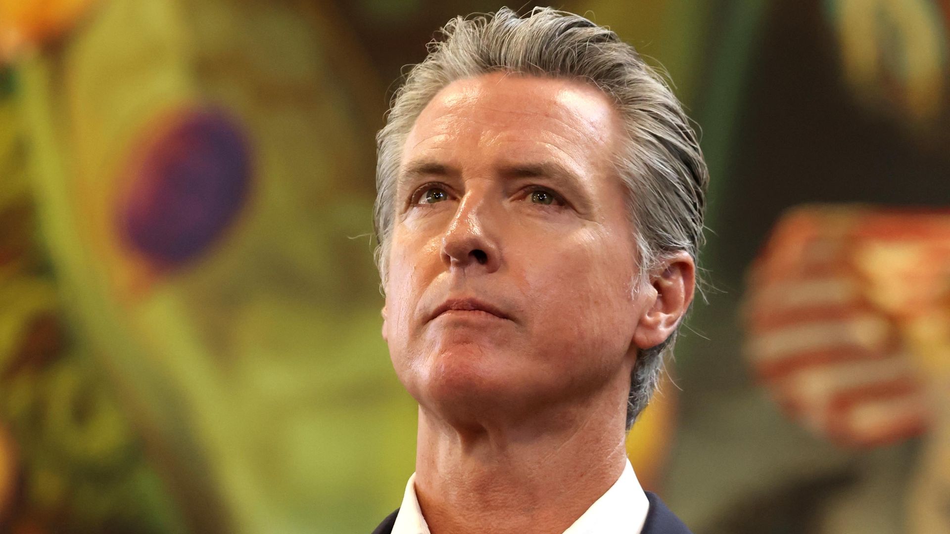 A gray-haired, blue-eyed California Gov. Gavin Newsom stares ahead while wearing a navy jacket and open white shirt in front of a blurry background showing green colors and a purple blob to the left and red and white stripes to the right.
