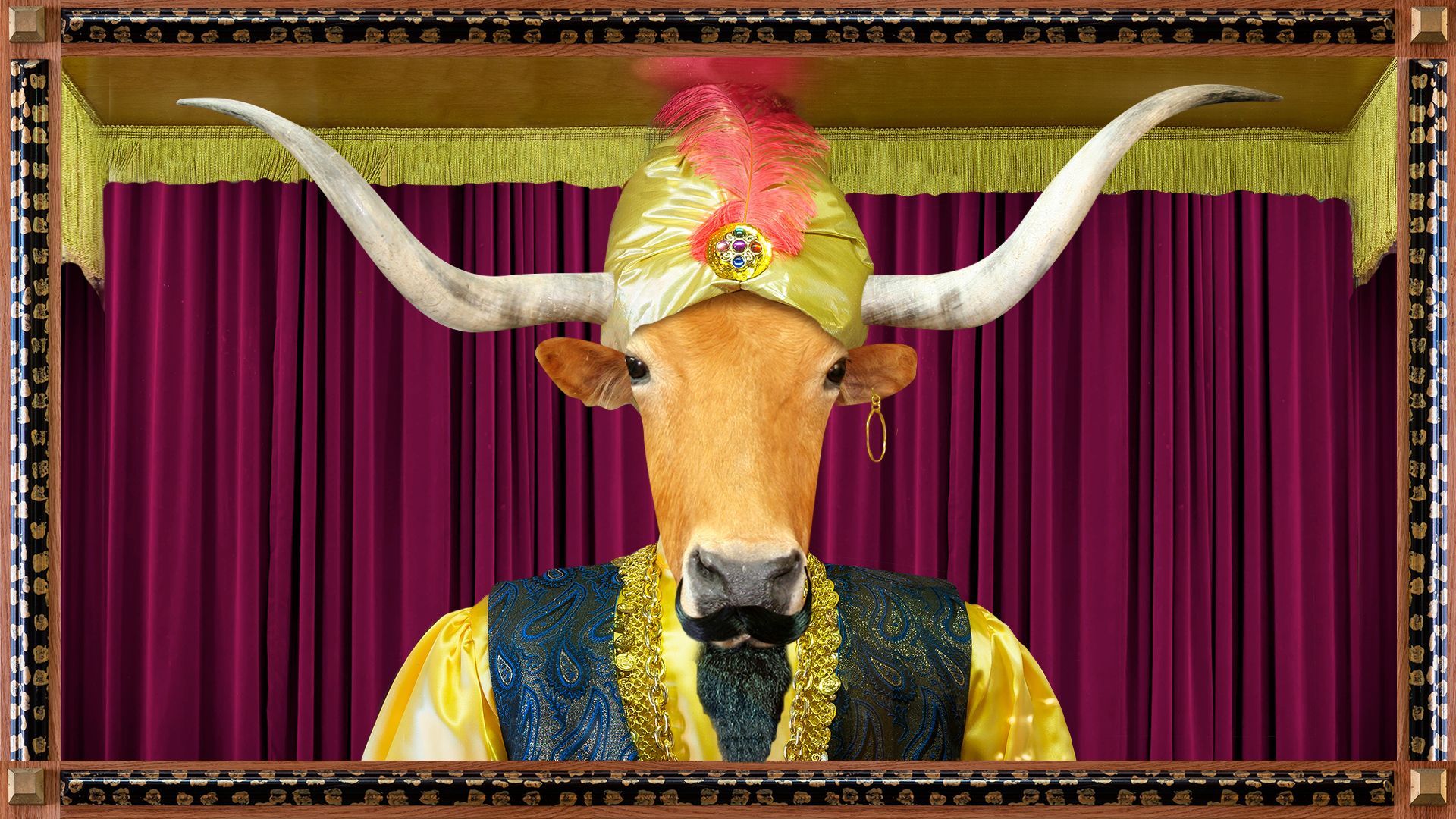 Illustration of a bull stylized as a Zoltar figure in a fortune telling cabinet. 