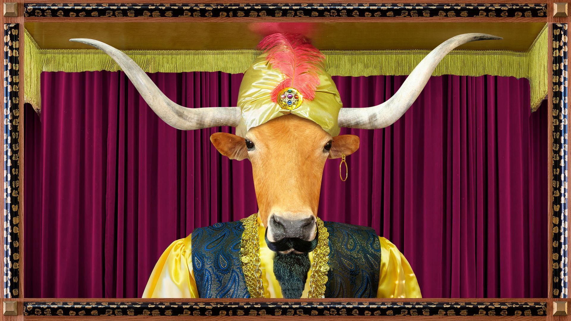 Illustration of a bull stylized as a Zoltar figure in a fortune telling cabinet.