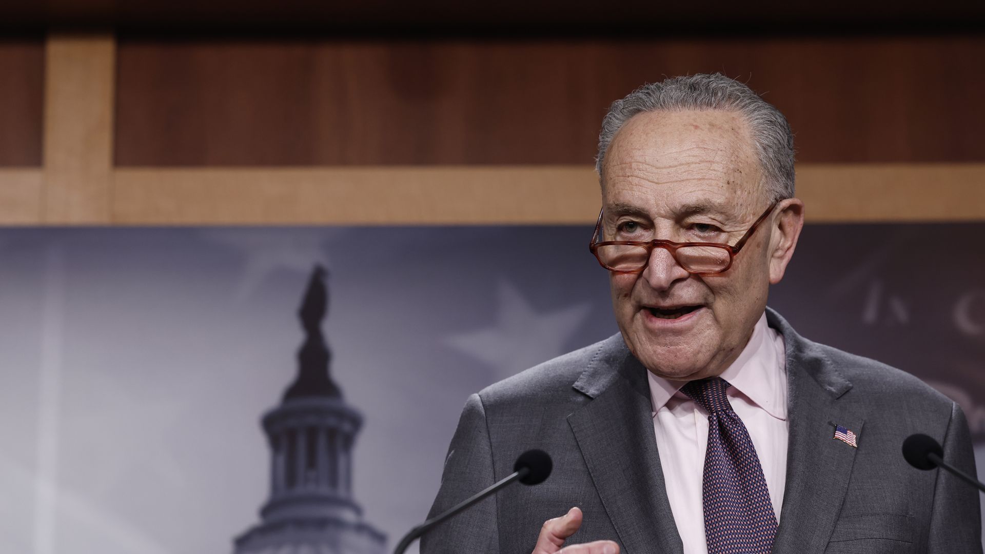 Senate Majority Leader Chuck Schumer (D-NY) speaks at a news conference alongside House Minority Leader Hakeem Jeffries (D-NY)