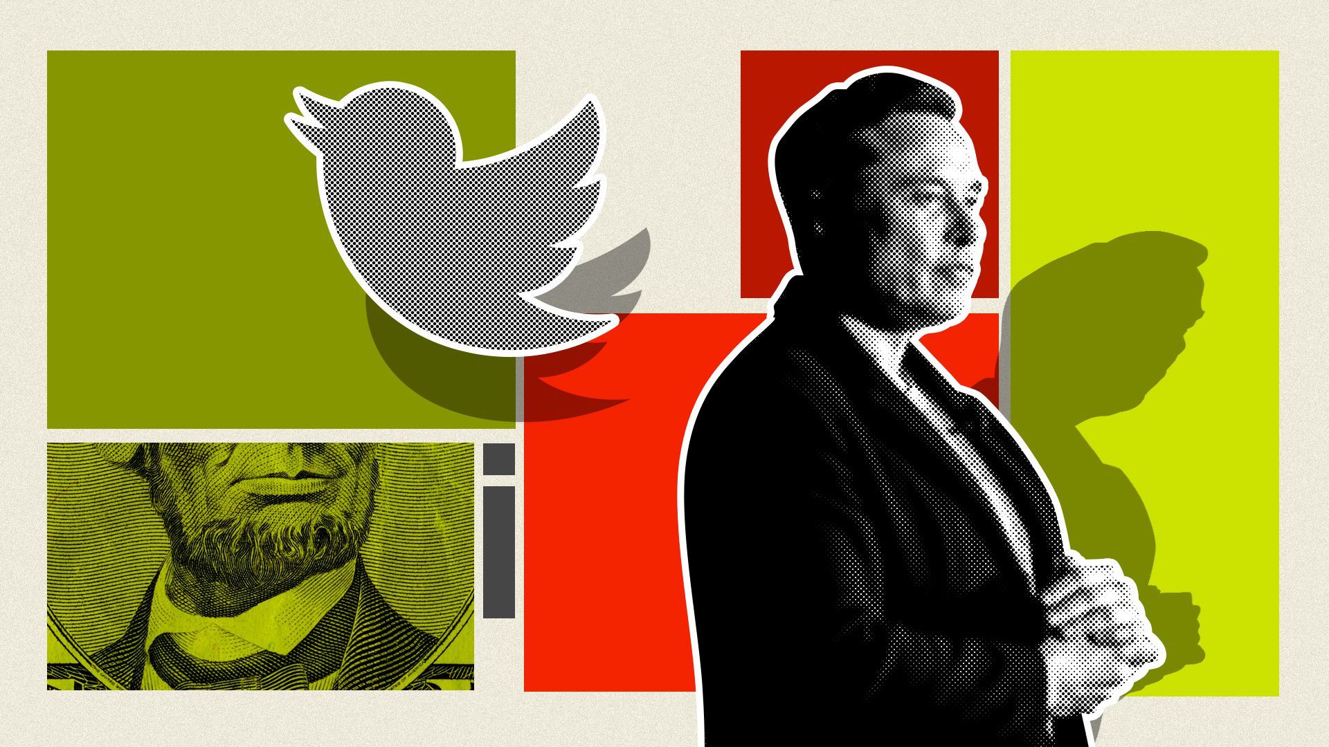 Photo illustration of Elon Musk and the Twitter logo on square abstract blocks. 