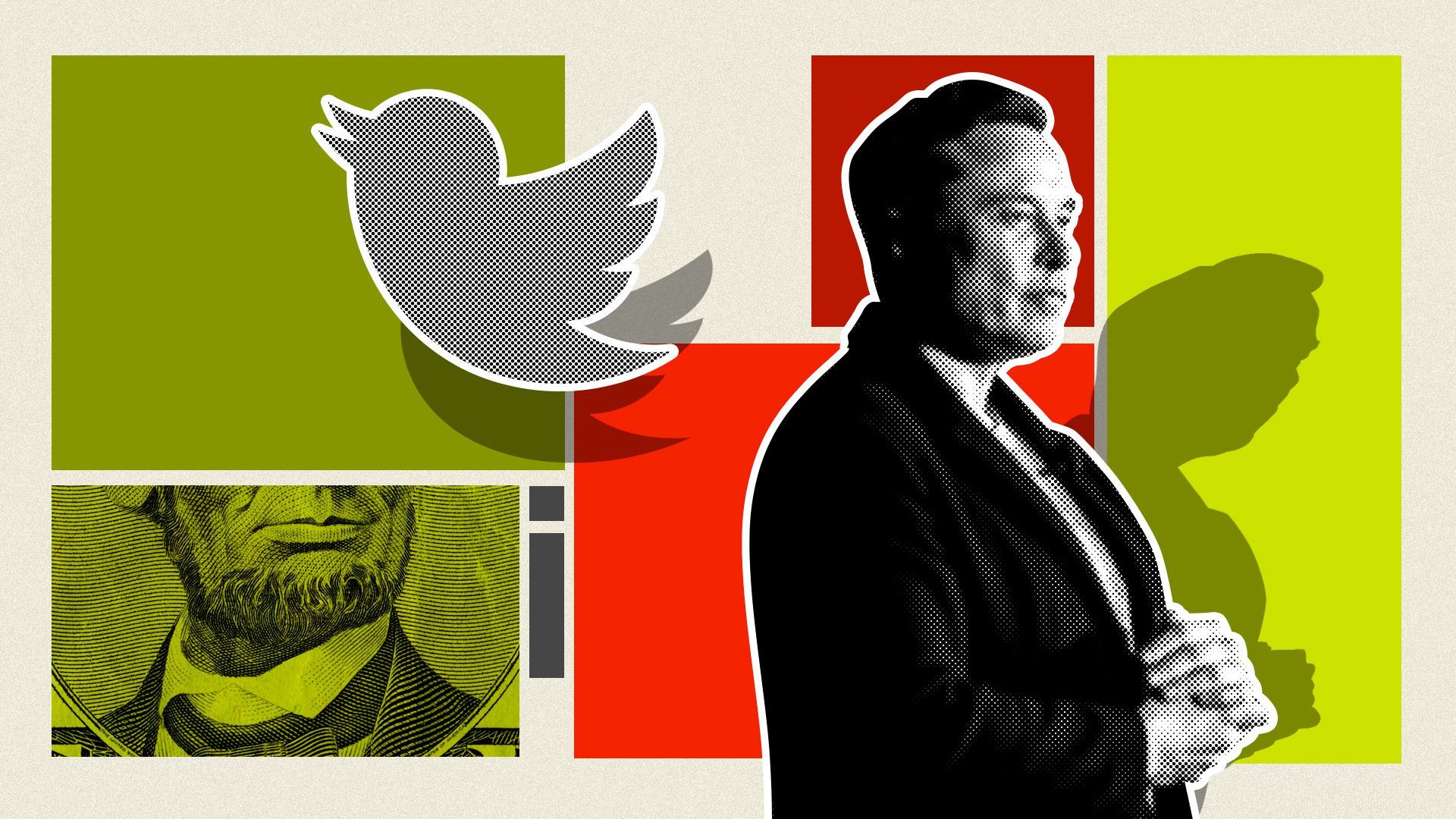 Photo illustration of Elon Musk and the Twitter logo on square abstract blocks.