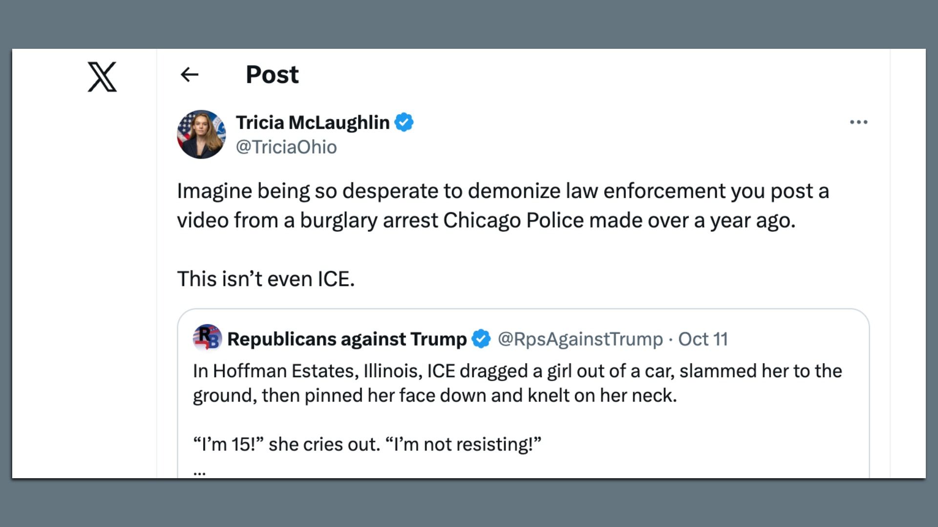 Screenshot of an X post by Tricia McLaughlin criticizing a video shared by Republicans against Trump, claiming it shows a Chicago burglary arrest, not an ICE incident.