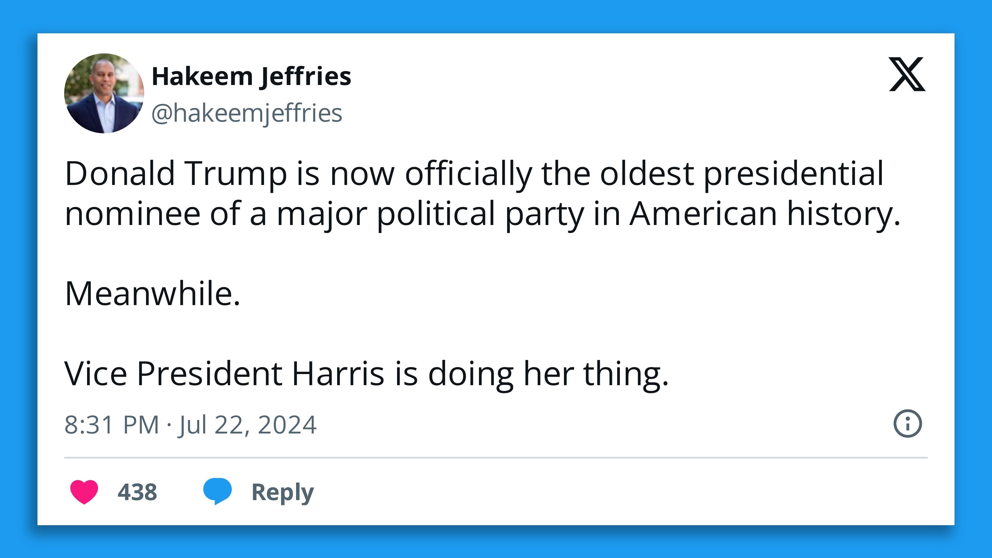 A screenshot of a tweet by House Minority Leader Hakeem Jeffries.