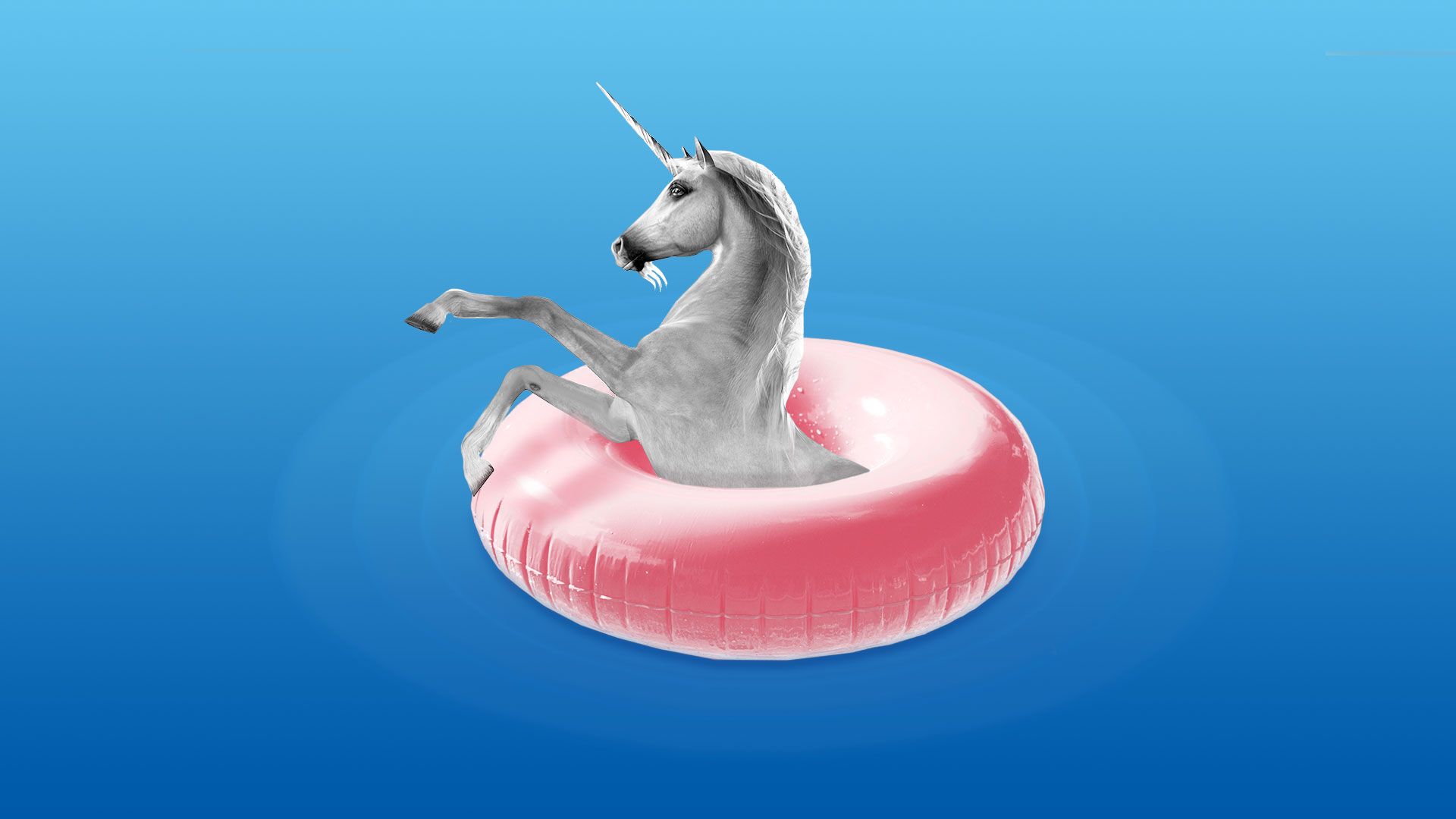 Illustration of a unicorn in water wearing a circle floating tube.