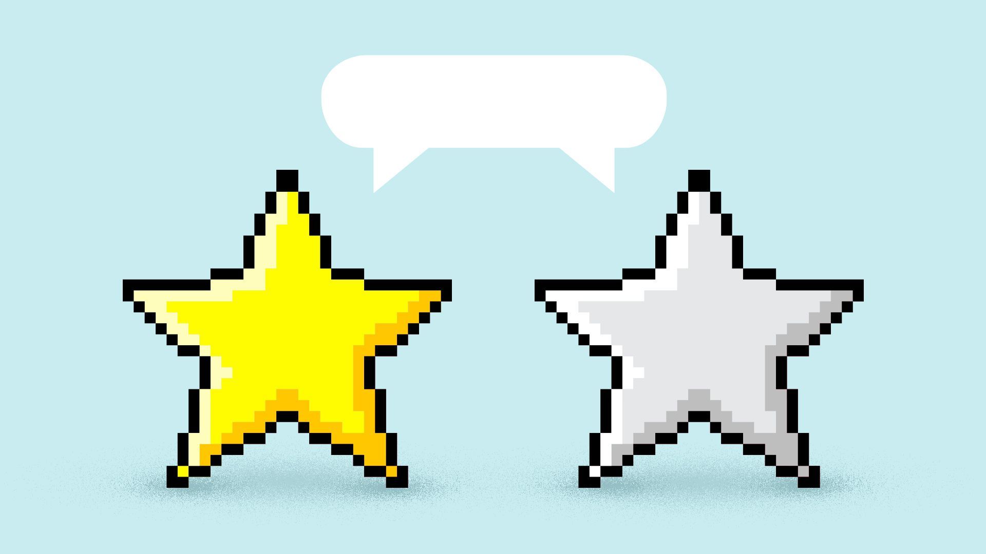 Illustration of two pixel-style stars, one stylized as a Chinese star and one stylized as an American star, sharing a chat bubble. 