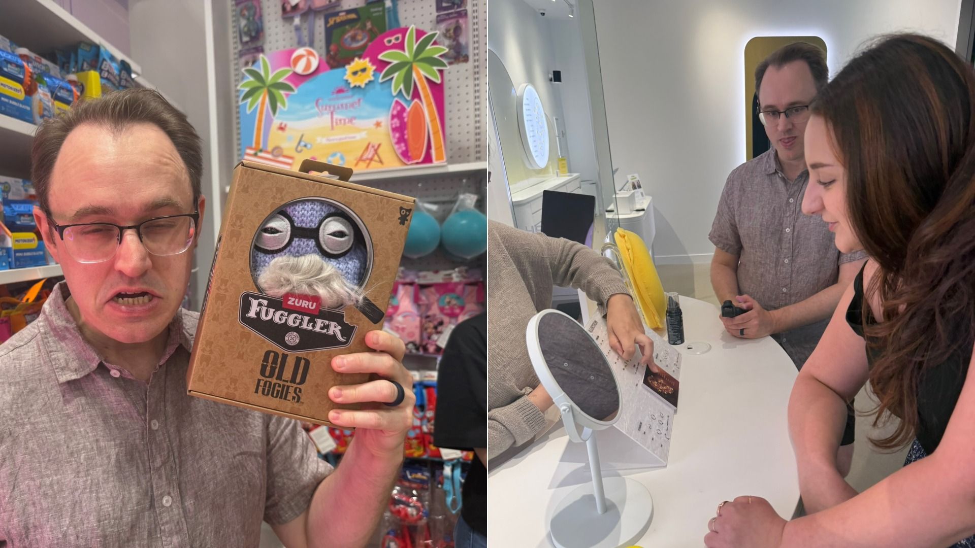 Split image: Leftโglasses-wearing man in a toy store squints while holding a brown box labeled "Fuggler Old Fogies"; bright toy shelves behind. Rightโtwo people at a white checkout counter examining something.