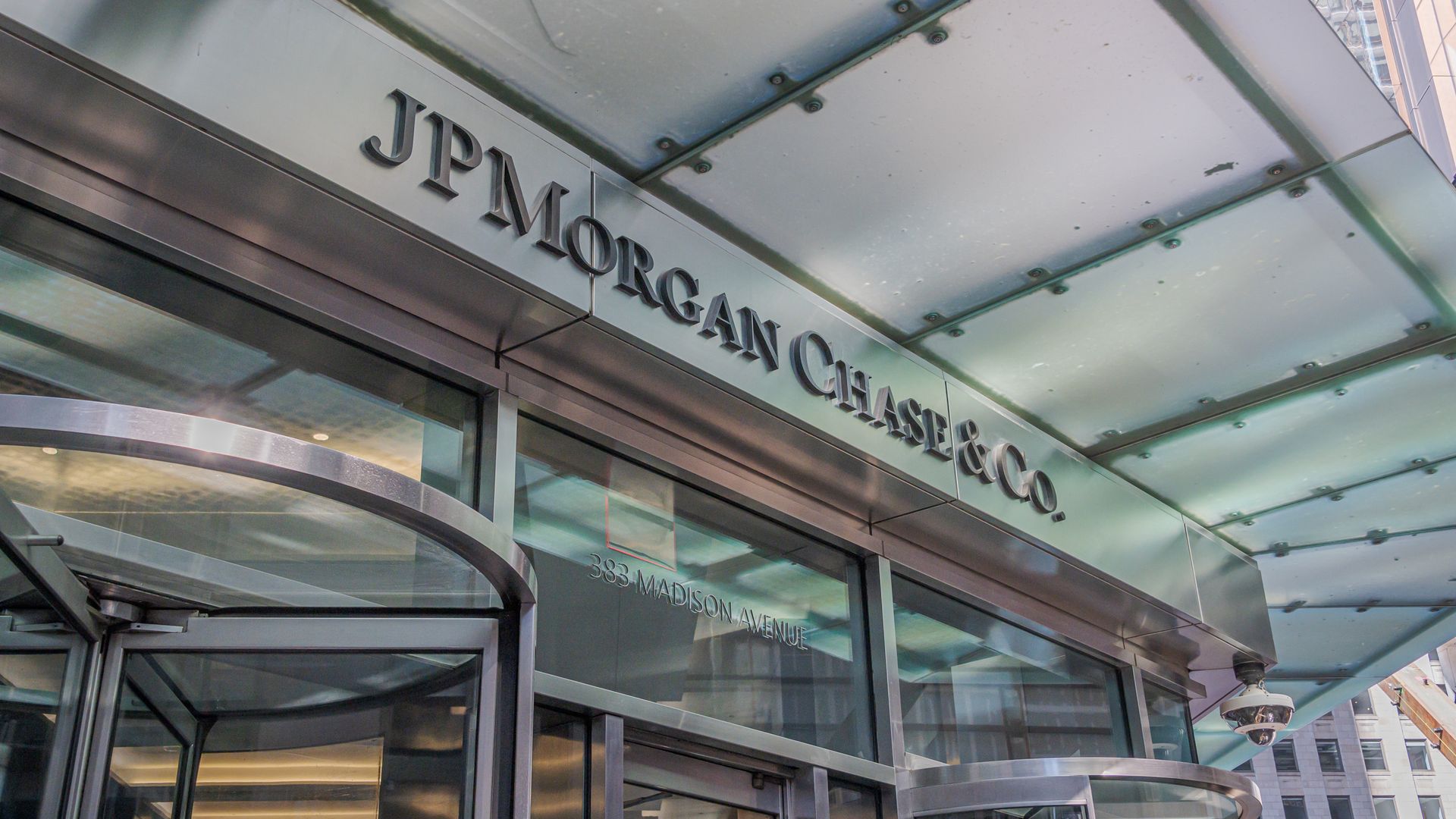 Marquee at the main entrance to the JPMorgan Chase Headquarters Building in Manhattan.