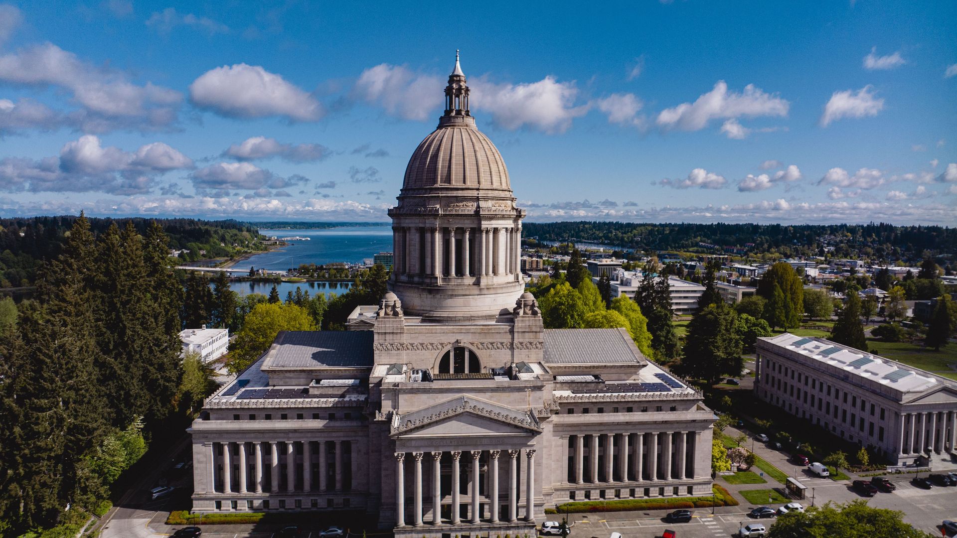 An aerial view of the Washington State Capitol.